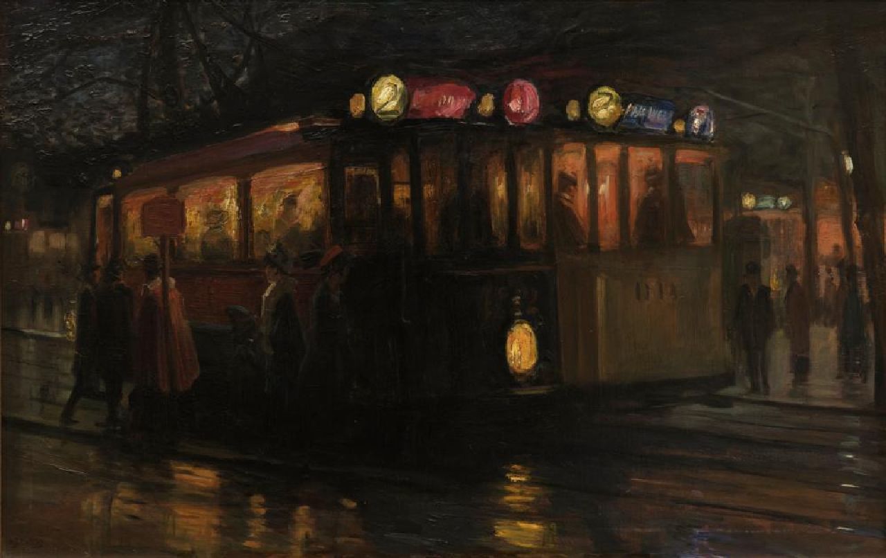 Richters M.J.  | 'Marius' Johannes Richters, Trams bij het Beursplein, Rotterdam, olieverf op doek 70,0 x 110,2 cm, gesigneerd linksonder en te dateren ca. 1913
