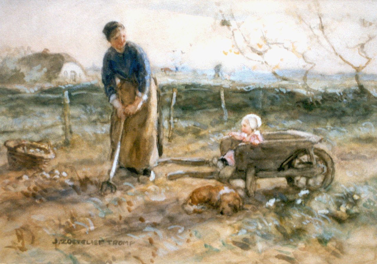 Zoetelief Tromp J. | Johannes 'Jan' Zoetelief Tromp, Aardappels rooien, aquarel op papier 27,0 x 37,5 cm, gesigneerd linksonder Zoetelief Tromp J. | Johannes 'Jan' Zoetelief Tromp, Aardappels rooien, aquarel op papier 27,0 x 37,5 cm, gesigneerd linksonder