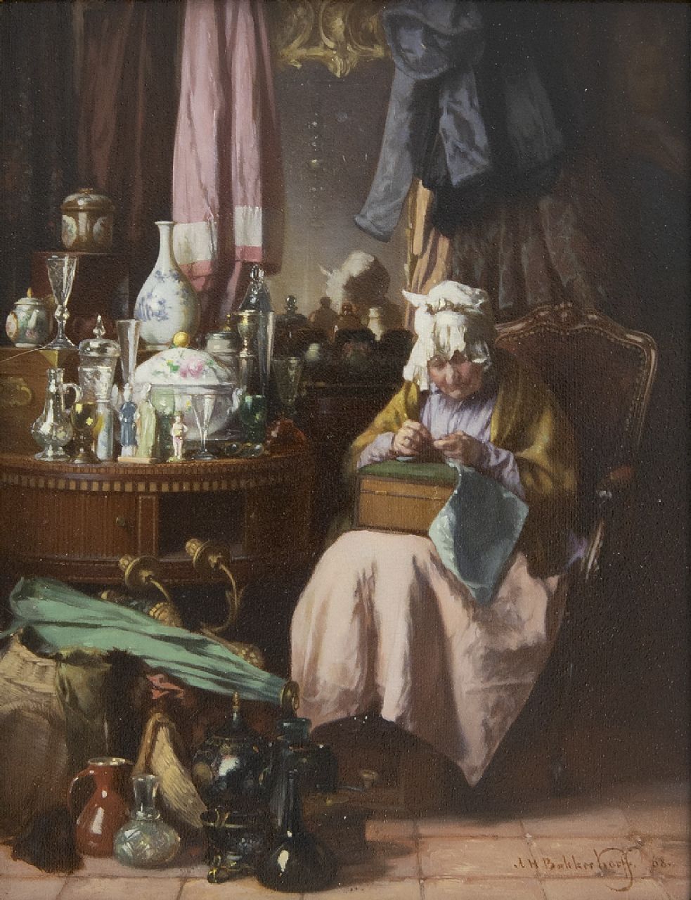 Bakker Korff A.H.  | Alexander Hugo Bakker Korff, De bric-à-brac verkoopster, olieverf op paneel 19,0 x 14,7 cm, gesigneerd rechtsonder en gedateerd '68