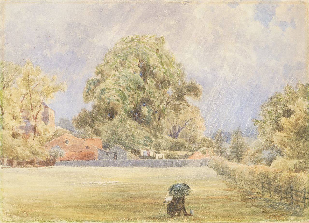 Gabriel P.J.C. | Paul Joseph Constantin 'Constan(t)' Gabriel | Aquarellen en tekeningen te koop aangeboden | Schilder onder paraplu in een boerenlandschap, aquarel op papier 25,7 x 35,4 cm, gesigneerd linksonder Gabriel P.J.C. | Paul Joseph Constantin 'Constan(t)' Gabriel | Aquarellen en tekeningen te koop aangeboden | Schilder onder paraplu in een boerenlandschap, aquarel op papier 25,7 x 35,4 cm, gesigneerd linksonder