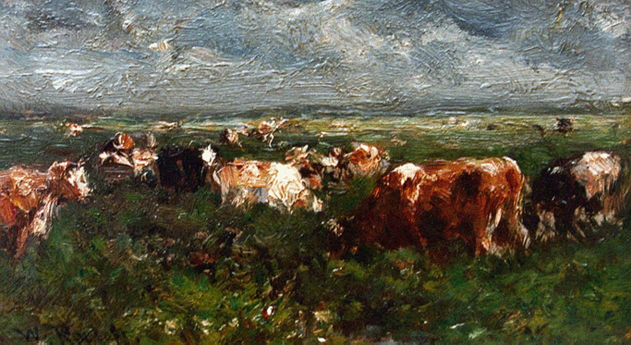 Roelofs W. | Willem Roelofs, Landschap met koeien, olieverf op paneel 7,5 x 12,4 cm, gesigneerd linksonder Roelofs W. | Willem Roelofs, Landschap met koeien, olieverf op paneel 7,5 x 12,4 cm, gesigneerd linksonder