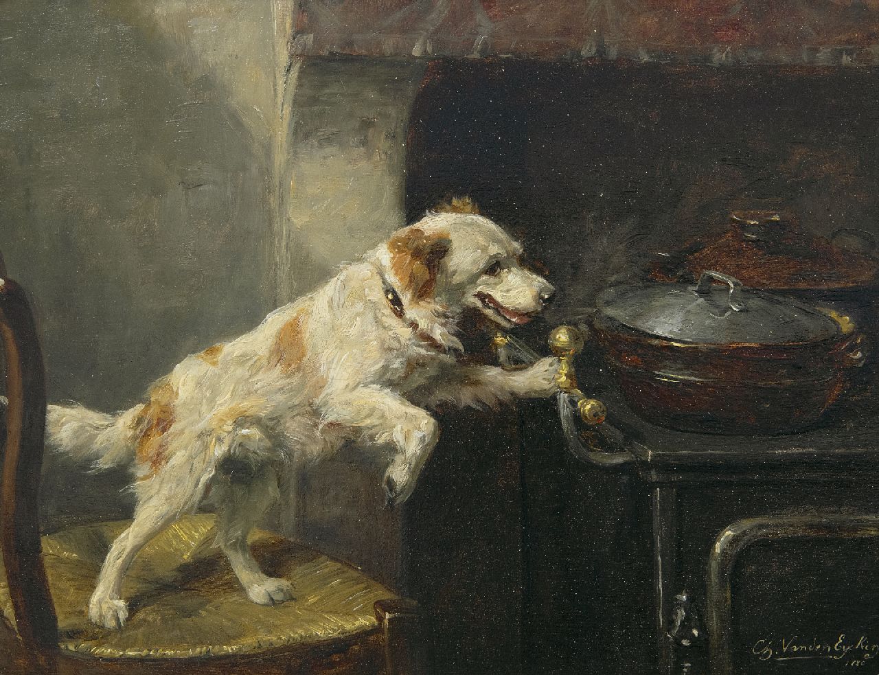 Eycken Ch. van den | Charles van den Eycken, Alleen in de keuken, olieverf op paneel 21,4 x 27,8 cm, gesigneerd rechtsonder en gedateerd 1880 en verso 6.3.80