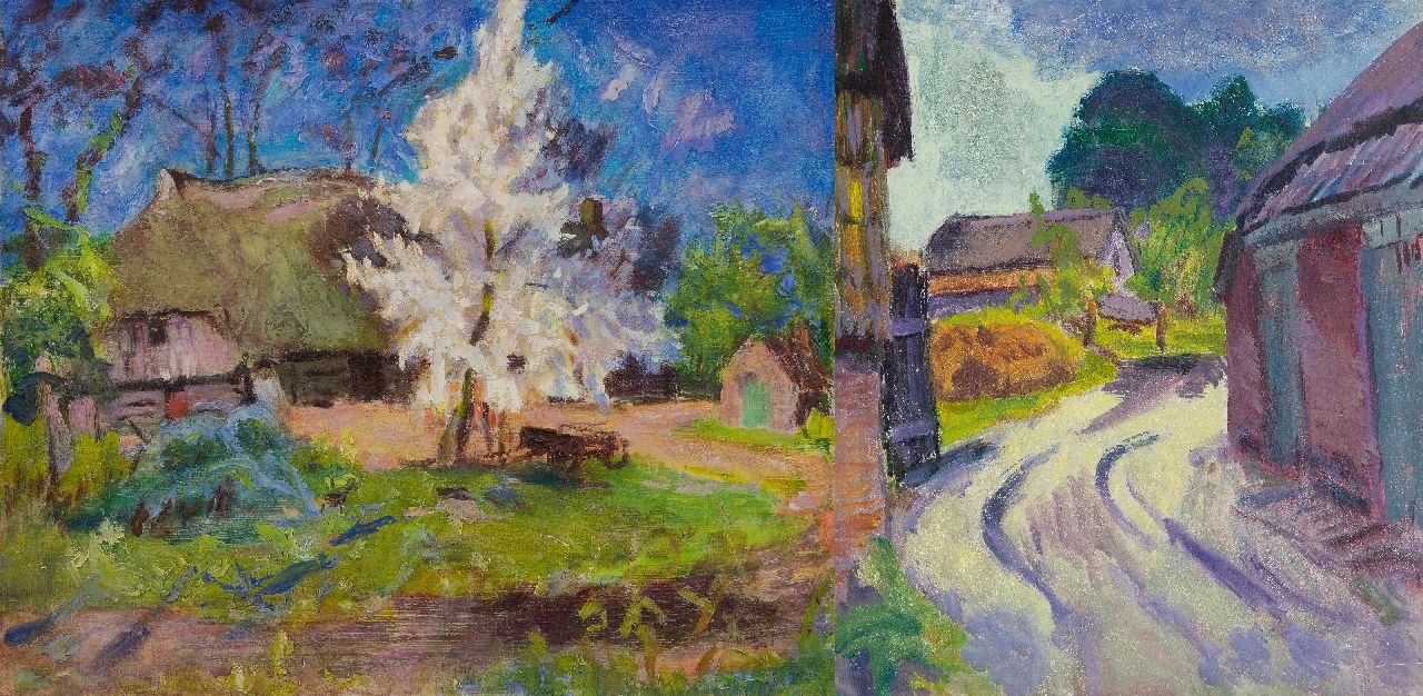 Altink J. | Jan Altink, Boerderij in Essen, Groningen; verso: Landweg in Essen, olieverf op doek 60,5 x 70,8 cm, gesigneerd op spieraam en te dateren ca. 1930 Altink J. | Jan Altink, Boerderij in Essen, Groningen; verso: Landweg in Essen, olieverf op doek 60,5 x 70,8 cm, gesigneerd op spieraam en te dateren ca. 1930