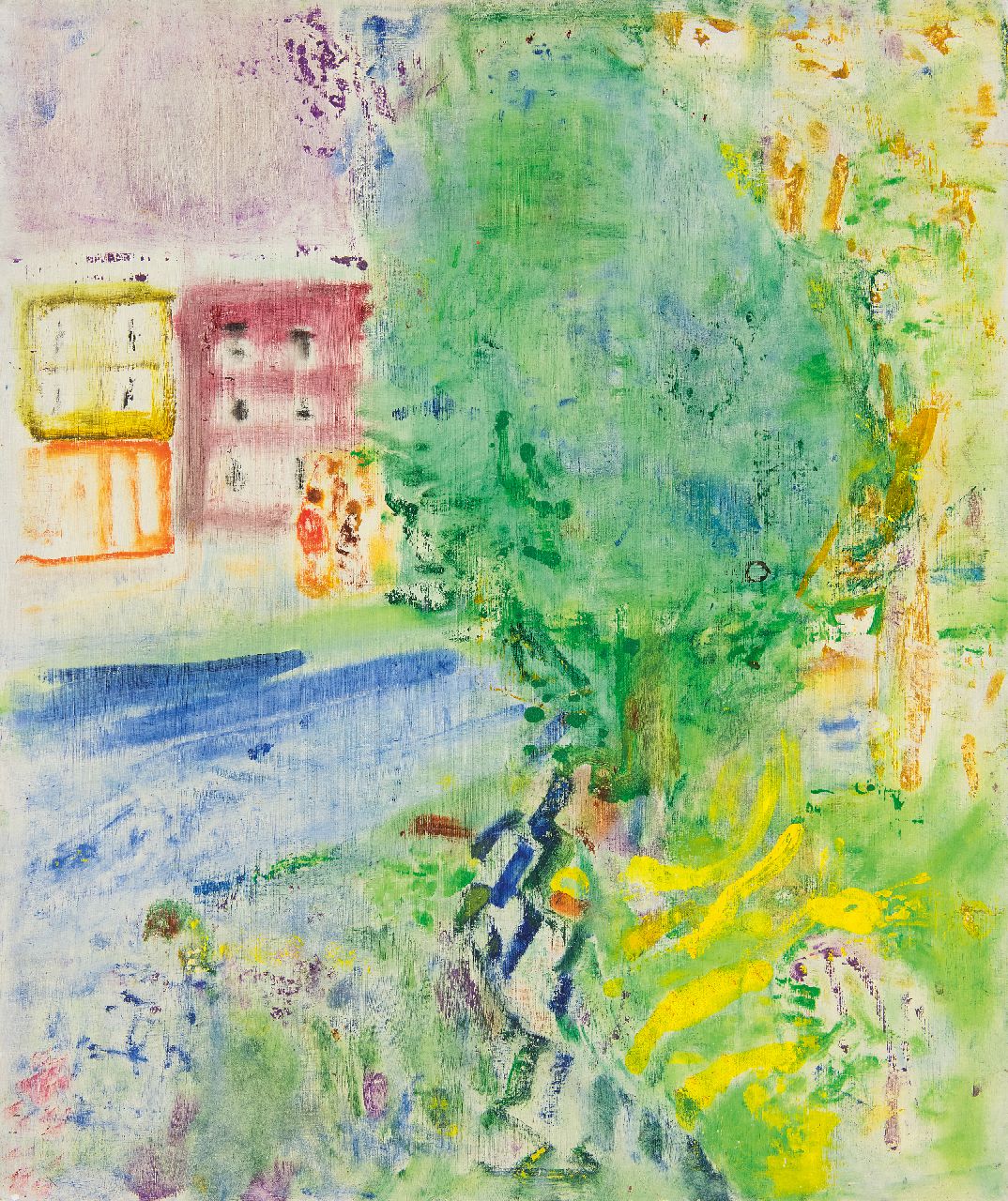 Hansen J.G.  | Jacob Gerard 'Job' Hansen, huizen, kinderen; boom en water, benzinerel op paneel 60,5 x 50,6 cm, gesigneerd verso en verso gedateerd 18 en 19 mei 1951 en 1955