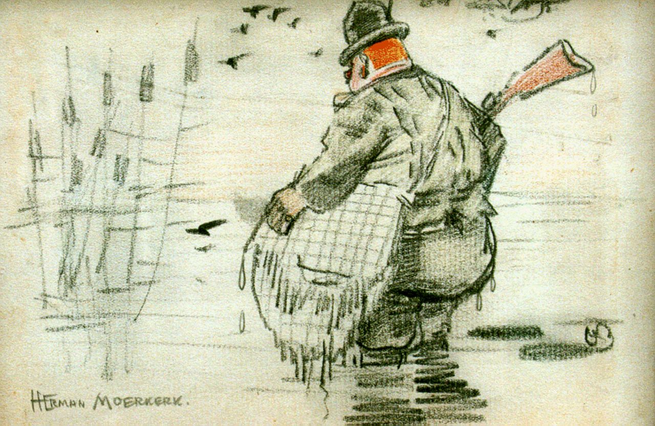 Moerkerk H.A.J.M.  | Hermanus Antonius Josephus Maria 'Herman' Moerkerk, De jager in het water, kleurpotlood op papier 15,5 x 19,0 cm, gesigneerd linksonder