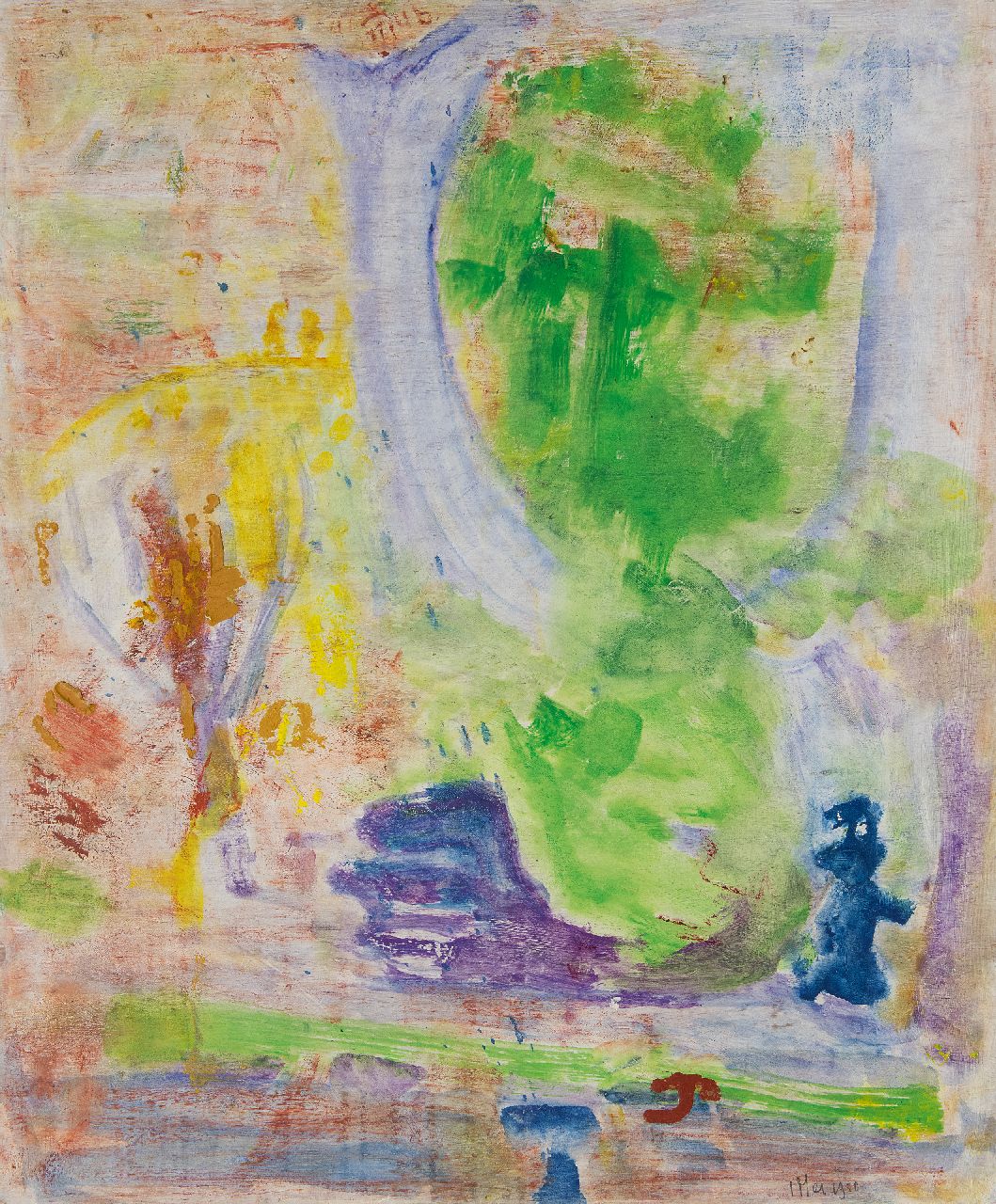 Hansen J.G.  | Jacob Gerard 'Job' Hansen | Schilderijen te koop aangeboden | Kastanjeboom en dame, benzinerel op paneel 60,7 x 50,6 cm, gesigneerd verso en gedateerd 1 Mei 1950