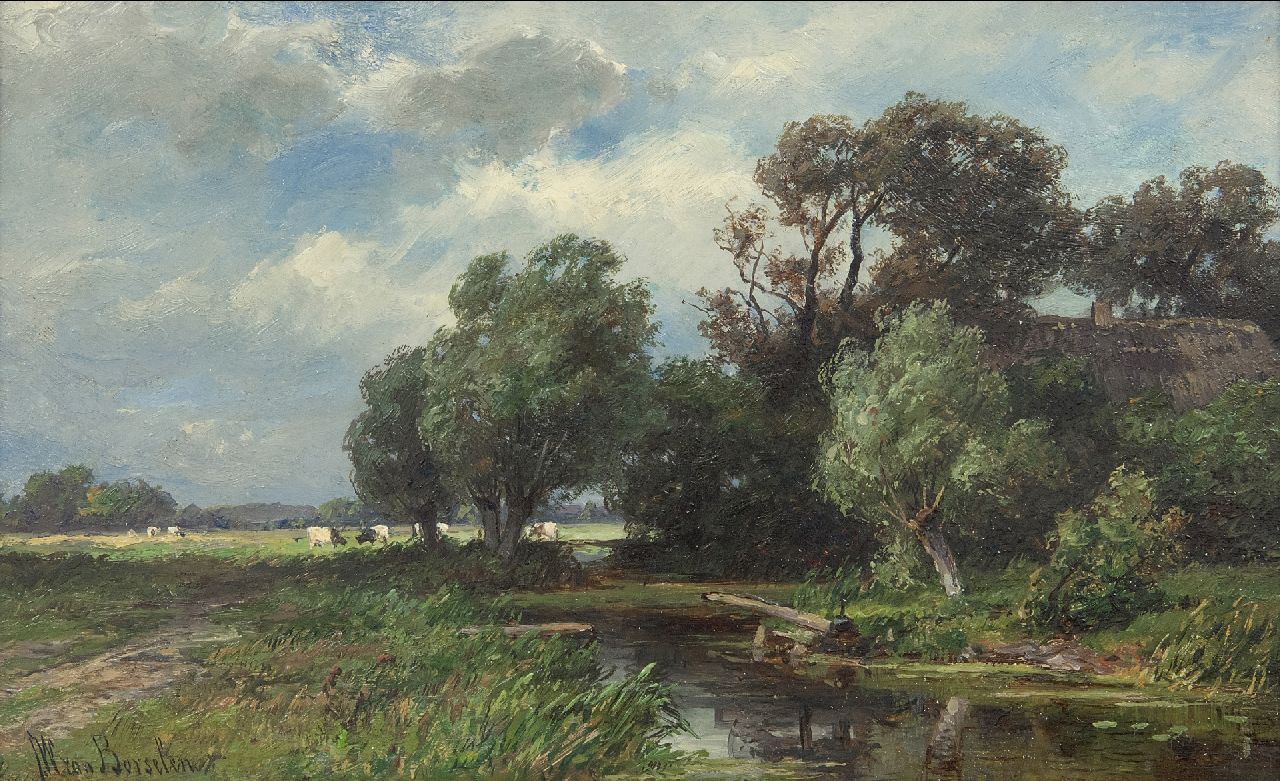 Borselen J.W. van | Jan Willem van Borselen, Polderlandschap met grazend vee, olieverf op paneel 18,0 x 29,0 cm, gesigneerd linksonder Borselen J.W. van | Jan Willem van Borselen, Polderlandschap met grazend vee, olieverf op paneel 18,0 x 29,0 cm, gesigneerd linksonder