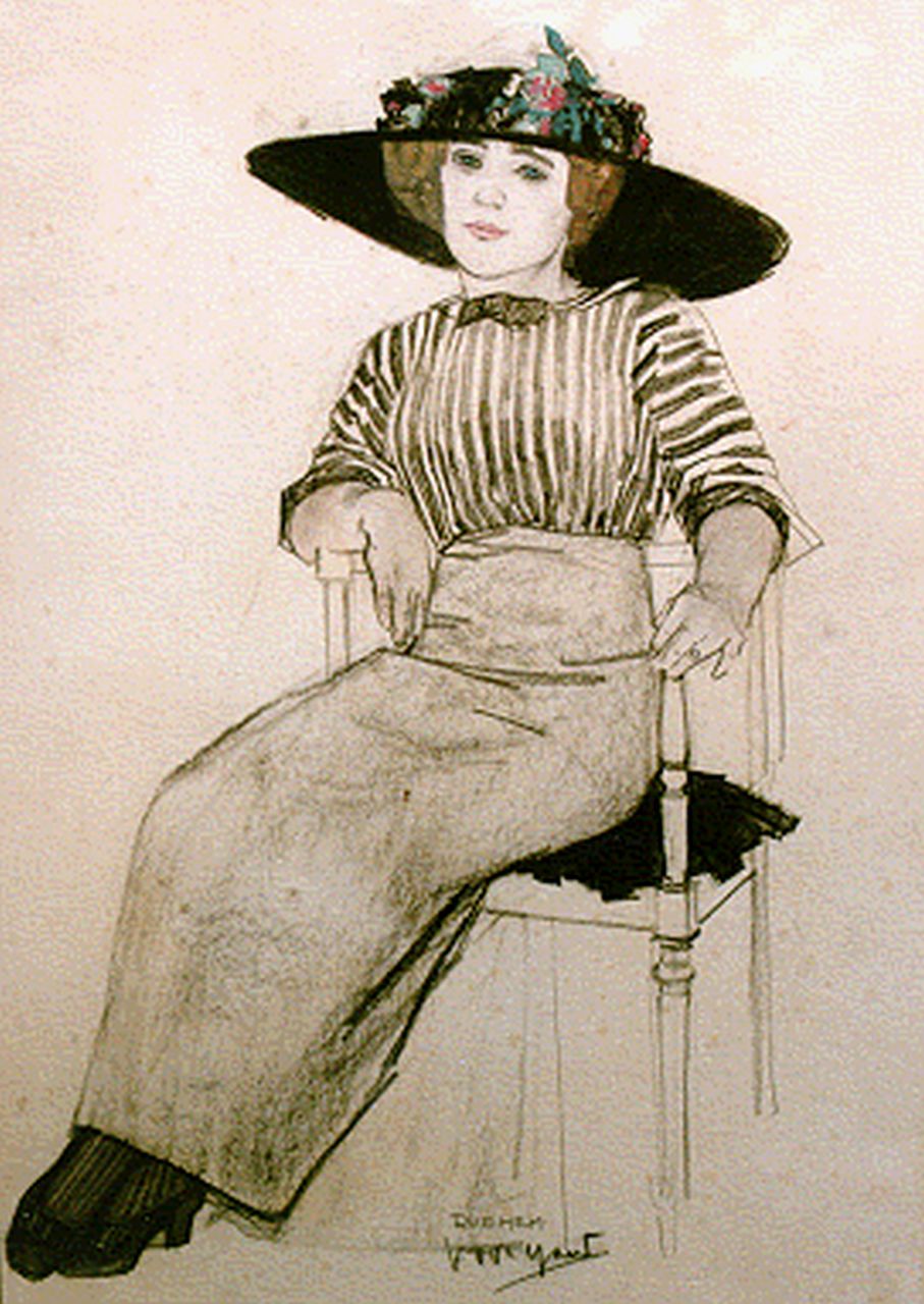 Hem P. van der | Pieter 'Piet' van der Hem, Dame met hoed in stoel, potlood en aquarel op papier 47,5 x 32,5 cm, gesigneerd middenonder Hem P. van der | Pieter 'Piet' van der Hem, Dame met hoed in stoel, potlood en aquarel op papier 47,5 x 32,5 cm, gesigneerd middenonder