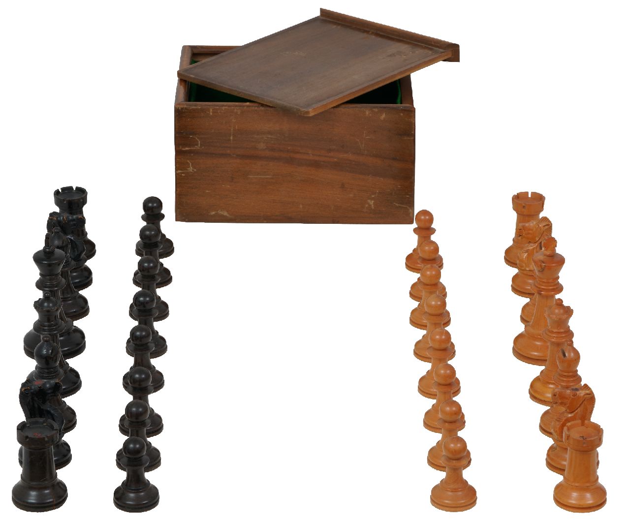 Schaakset, opbergdoos   | Schaakset, opbergdoos | Beelden en objecten te koop aangeboden | Schaakset in 'Staunton' stijl in houten doos, hout 9,5 x 4,3 cm, ca. 1930