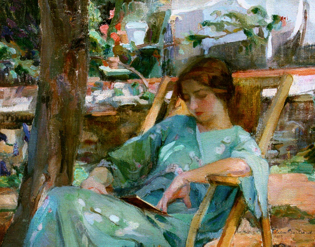 Bertrand C. | Claire Bertrand, Lezende vrouw in strandstoel in de tuin, olieverf op doek 54,2 x 65,0 cm, gesigneerd rechtsonder en gedateerd 1912 Bertrand C. | Claire Bertrand, Lezende vrouw in strandstoel in de tuin, olieverf op doek 54,2 x 65,0 cm, gesigneerd rechtsonder en gedateerd 1912
