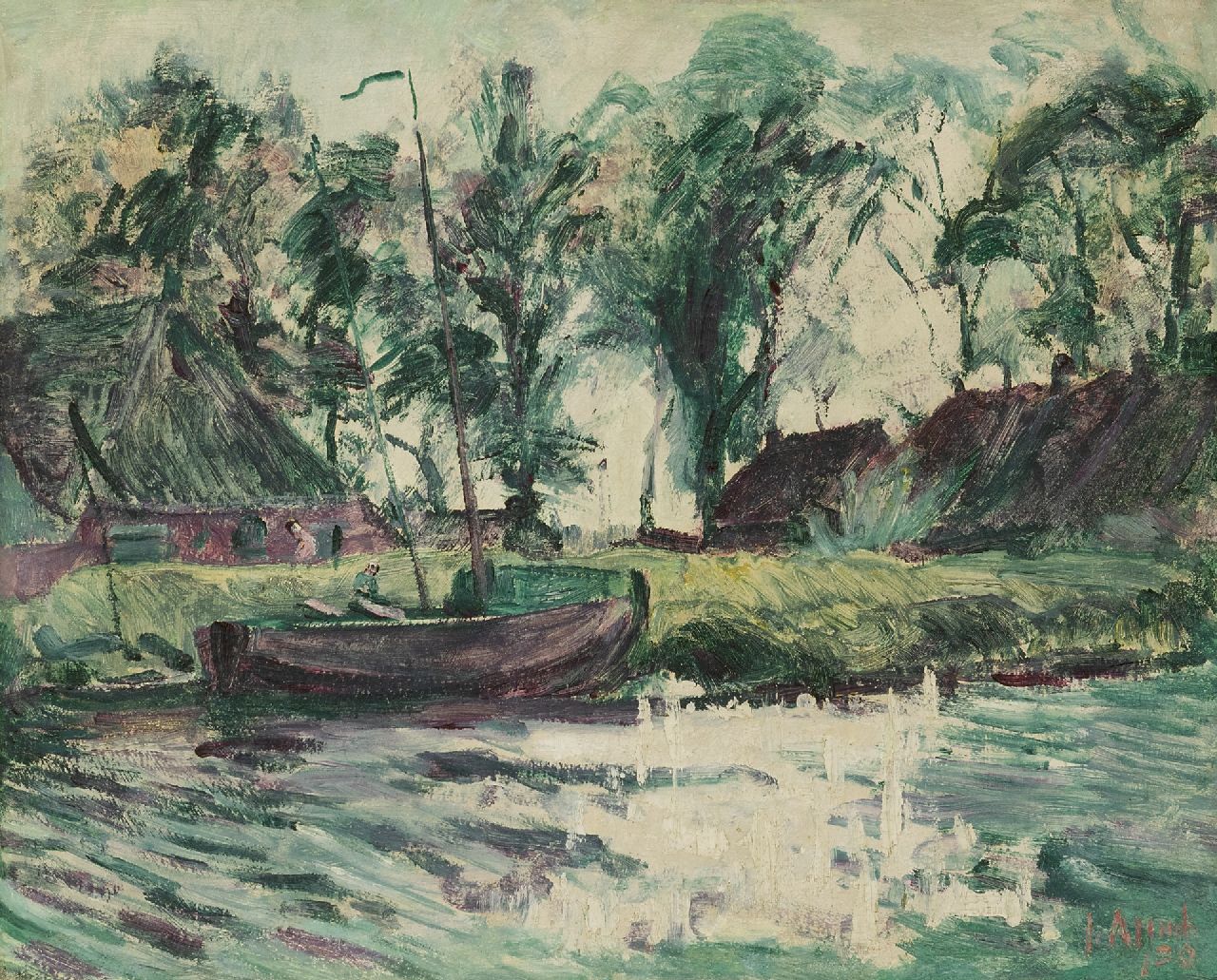 Altink J. | Jan Altink | Schilderijen te koop aangeboden | Afgemeerd scheepje bij boerderijen, wasverf op doek 43,0 x 54,4 cm, gesigneerd rechtsonder en gedateerd '29 Altink J. | Jan Altink | Schilderijen te koop aangeboden | Afgemeerd scheepje bij boerderijen, wasverf op doek 43,0 x 54,4 cm, gesigneerd rechtsonder en gedateerd '29