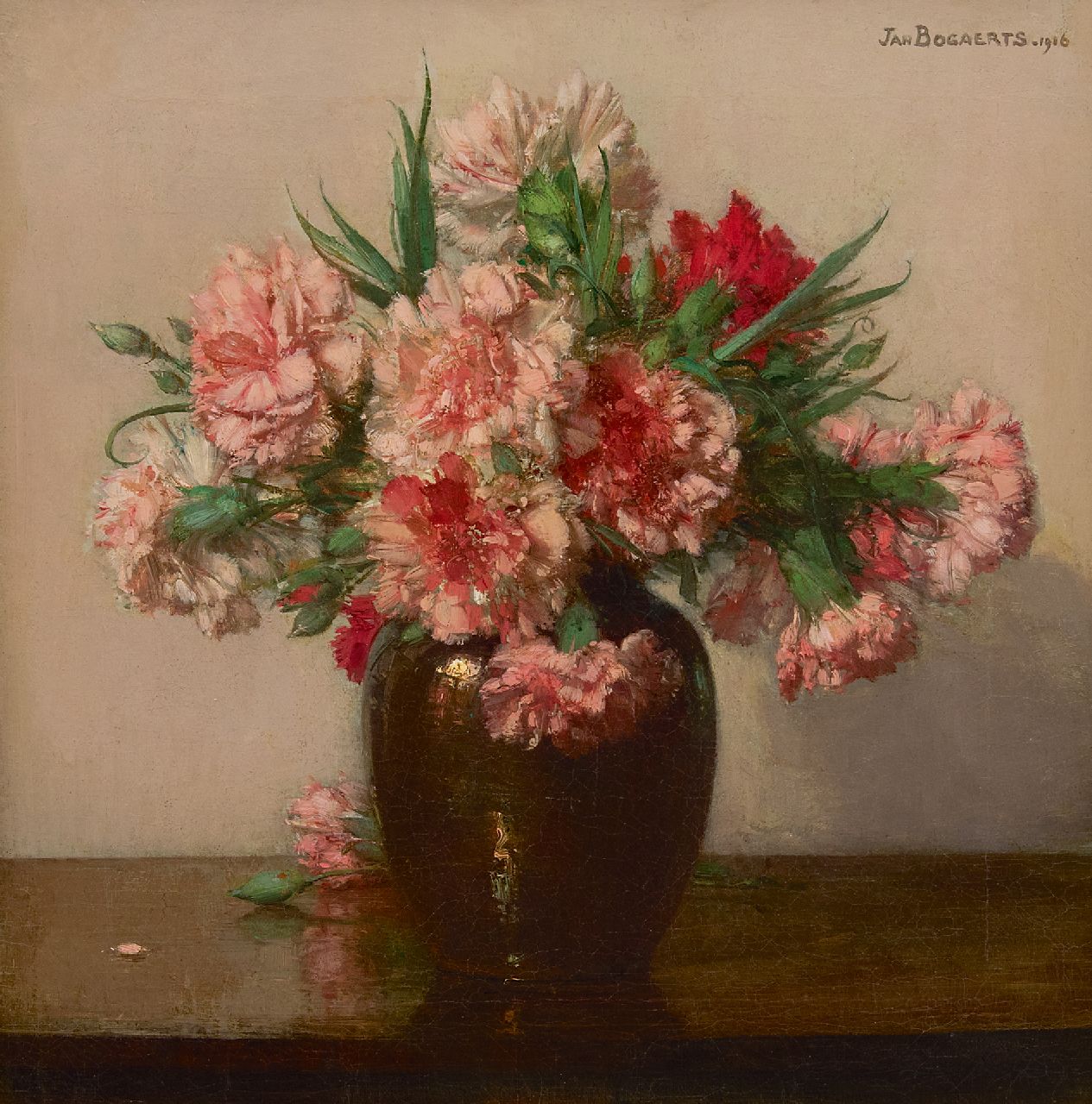Bogaerts J.J.M. | Johannes Jacobus Maria 'Jan' Bogaerts | Schilderijen te koop aangeboden | Roze anjers, olieverf op doek 39,6 x 38,5 cm, gesigneerd rechtsboven en gedateerd 1916 Bogaerts J.J.M. | Johannes Jacobus Maria 'Jan' Bogaerts | Schilderijen te koop aangeboden | Roze anjers, olieverf op doek 39,6 x 38,5 cm, gesigneerd rechtsboven en gedateerd 1916