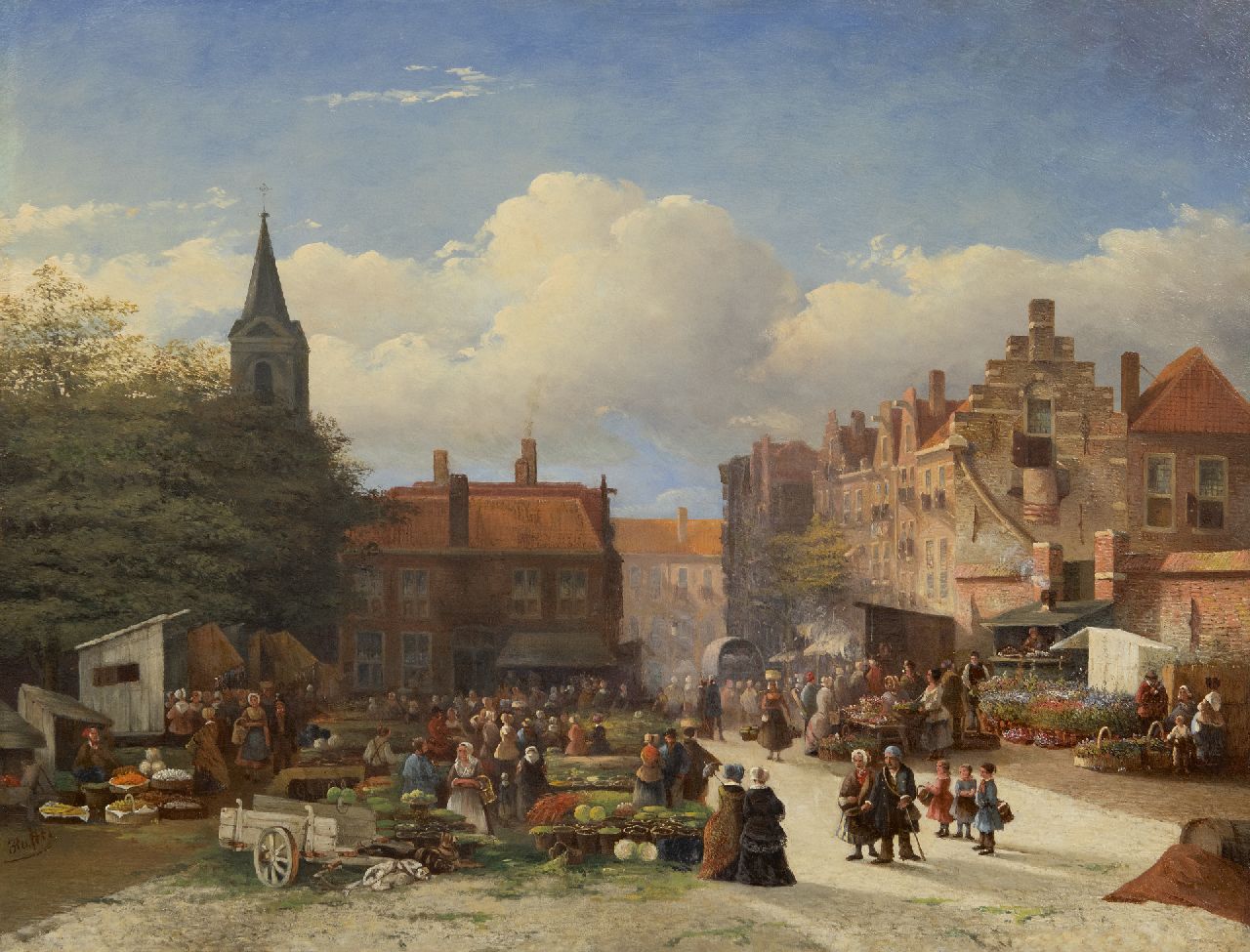 Bles J. | Joseph Bles, Groente- en bloemenmarkt in Hollandse stad, olieverf op paneel 45,3 x 58,8 cm, gesigneerd linksonder en gedateerd '51 Bles J. | Joseph Bles, Groente- en bloemenmarkt in Hollandse stad, olieverf op paneel 45,3 x 58,8 cm, gesigneerd linksonder en gedateerd '51