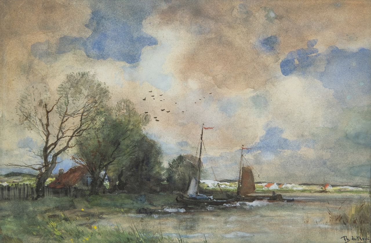 Bock T.E.A. de | Théophile Emile Achille de Bock | Aquarellen en tekeningen te koop aangeboden | Inham aan de Maas, aquarel op papier 42,0 x 63,2 cm, gesigneerd rechtsonder en te dateren ca. 1880 Bock T.E.A. de | Théophile Emile Achille de Bock | Aquarellen en tekeningen te koop aangeboden | Inham aan de Maas, aquarel op papier 42,0 x 63,2 cm, gesigneerd rechtsonder en te dateren ca. 1880
