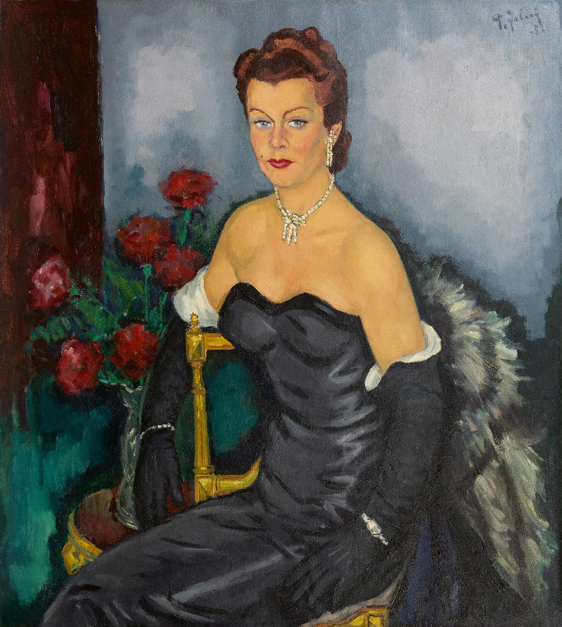 Jabaaij P.  | Piet 'Pleun' Jabaaij, Portret van een vrouw in avondkleding, olieverf op doek 100,0 x 99,8 cm, gesigneerd rechtsboven en gedateerd '52