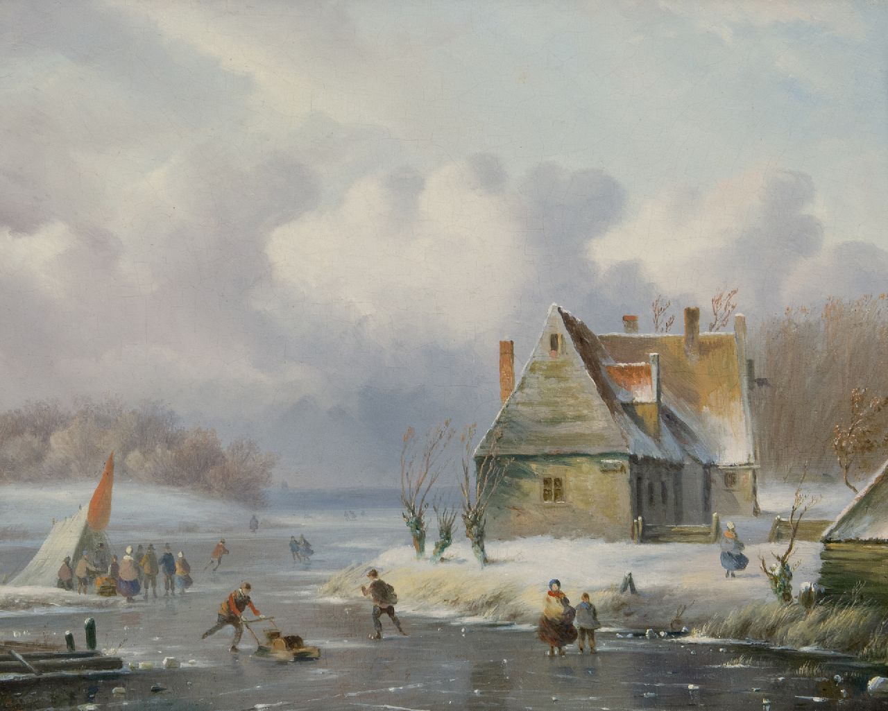 Ahrendts C.E.  | Carl Eduard Ahrendts, Winterlandschap met schaatsers, olieverf op paneel 28,7 x 35,1 cm, gesigneerd linksonder