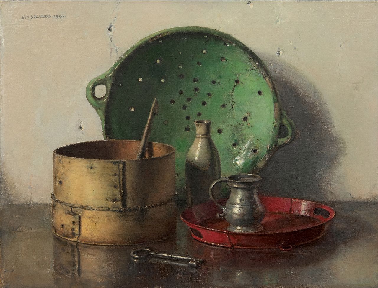Bogaerts J.J.M. | Johannes Jacobus Maria 'Jan' Bogaerts, Stilleven met groene zeef, olieverf op doek 50,2 x 66,1 cm, gesigneerd linksboven en gedateerd 1948 Bogaerts J.J.M. | Johannes Jacobus Maria 'Jan' Bogaerts, Stilleven met groene zeef, olieverf op doek 50,2 x 66,1 cm, gesigneerd linksboven en gedateerd 1948