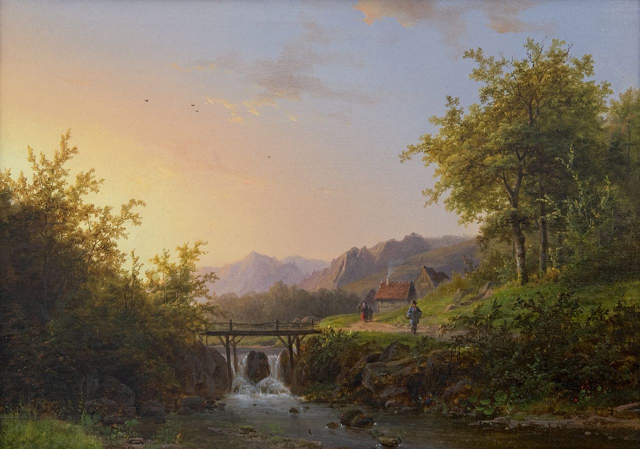 Johann Bernard Klombeck | Zomers beeklandschap met waterval, olieverf op paneel, 29,7 x 41,1 cm, gesigneerd r.o. en gedateerd 1847 Johann Bernard Klombeck | Zomers beeklandschap met waterval, olieverf op paneel, 29,7 x 41,1 cm, gesigneerd r.o. en gedateerd 1847