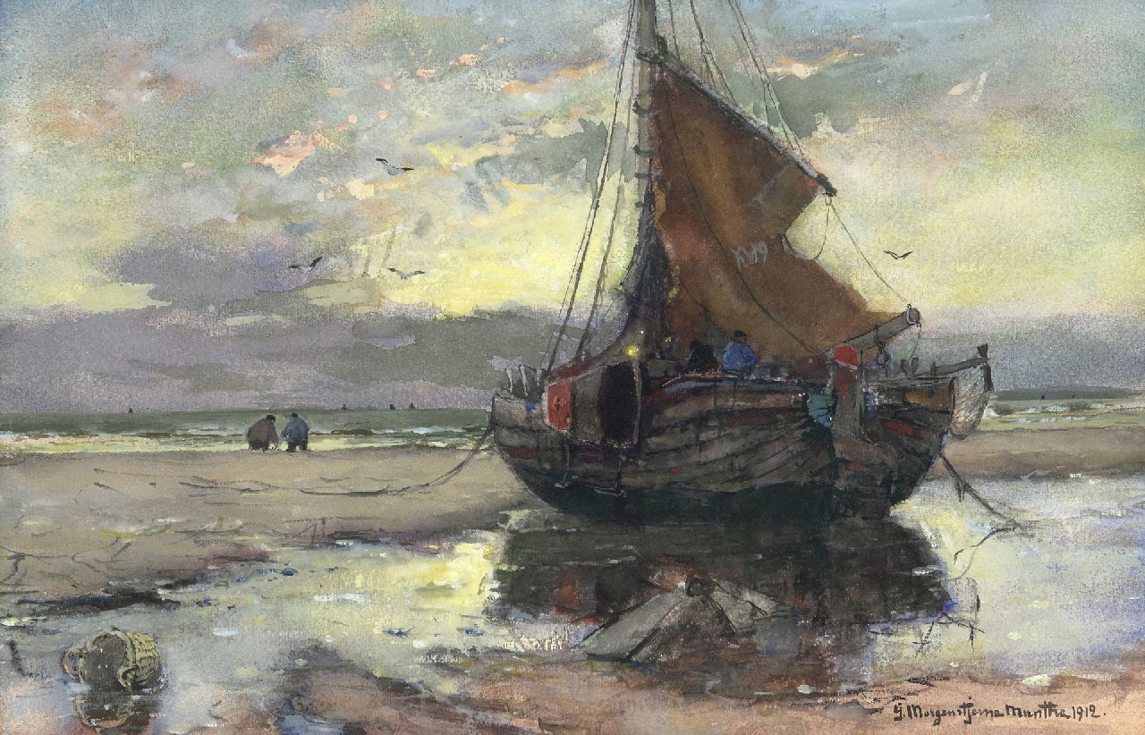 Munthe G.A.L.  | Gerhard Arij Ludwig 'Morgenstjerne' Munthe, Bomschuit op het strand, aquarel en gouache op papier 32,3 x 49,5 cm, gesigneerd rechtsonder en gedateerd 1912