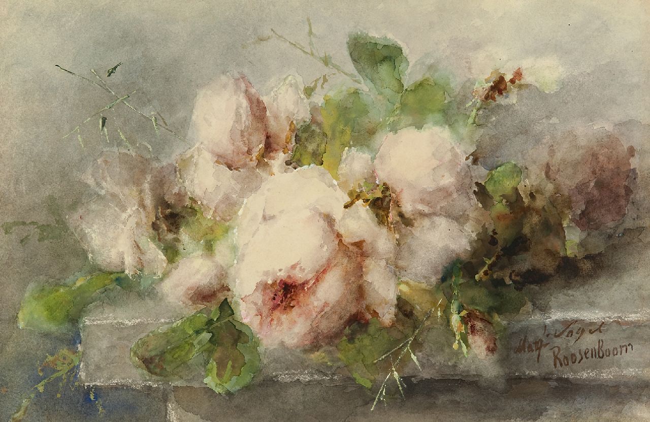 Roosenboom M.C.J.W.H. | 'Margaretha' Cornelia Johanna Wilhelmina Henriëtta Roosenboom | Aquarellen en tekeningen te koop aangeboden | Roze rozen op stenen plint, aquarel en gouache op papier 35,1 x 53,3 cm, gesigneerd rechtsonder en te dateren ca. 1892-1896 Roosenboom M.C.J.W.H. | 'Margaretha' Cornelia Johanna Wilhelmina Henriëtta Roosenboom | Aquarellen en tekeningen te koop aangeboden | Roze rozen op stenen plint, aquarel en gouache op papier 35,1 x 53,3 cm, gesigneerd rechtsonder en te dateren ca. 1892-1896