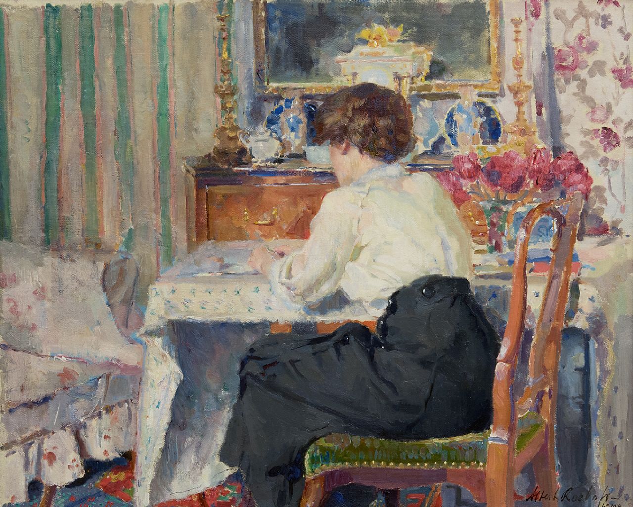 Roelofs O.W.A. | Otto Willem Albertus 'Albert' Roelofs, Tjieke, zittend aan een tafel, olieverf op doek 48,3 x 60,3 cm, gesigneerd rechtsonder en gedateerd 1914 Roelofs O.W.A. | Otto Willem Albertus 'Albert' Roelofs, Tjieke, zittend aan een tafel, olieverf op doek 48,3 x 60,3 cm, gesigneerd rechtsonder en gedateerd 1914
