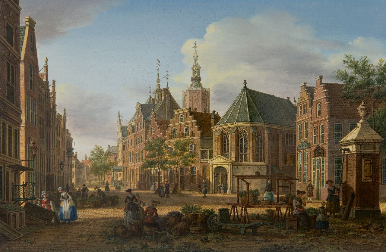 Fargue P.C. la | Paulus Constantijn la Fargue, Gezicht op de Haagse Groenmarkt, olieverf op paneel 22,7 x 34,5 cm, gesigneerd rechtsonder en te dateren ca. 1770 Fargue P.C. la | Paulus Constantijn la Fargue, Gezicht op de Haagse Groenmarkt, olieverf op paneel 22,7 x 34,5 cm, gesigneerd rechtsonder en te dateren ca. 1770