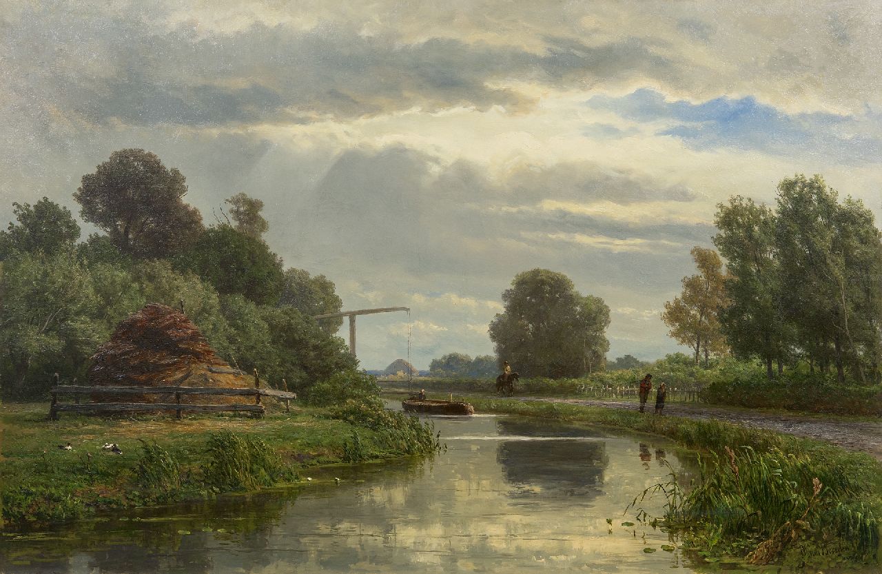 Borselen J.W. van | Jan Willem van Borselen | Schilderijen te koop aangeboden | Slepers met vrachtschuit in een polderlandschap, olieverf op doek 65,3 x 100,2 cm, gesigneerd rechtsonder en gedateerd 1872 Borselen J.W. van | Jan Willem van Borselen | Schilderijen te koop aangeboden | Slepers met vrachtschuit in een polderlandschap, olieverf op doek 65,3 x 100,2 cm, gesigneerd rechtsonder en gedateerd 1872