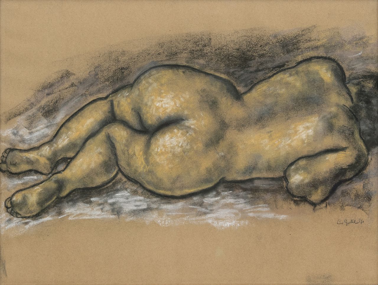 Gestel L.  | Leendert 'Leo' Gestel | Aquarellen en tekeningen te koop aangeboden | Liggend naakt, houtskool en pastel op papier 47,0 x 62,5 cm, gesigneerd rechtsonder en gedateerd '31