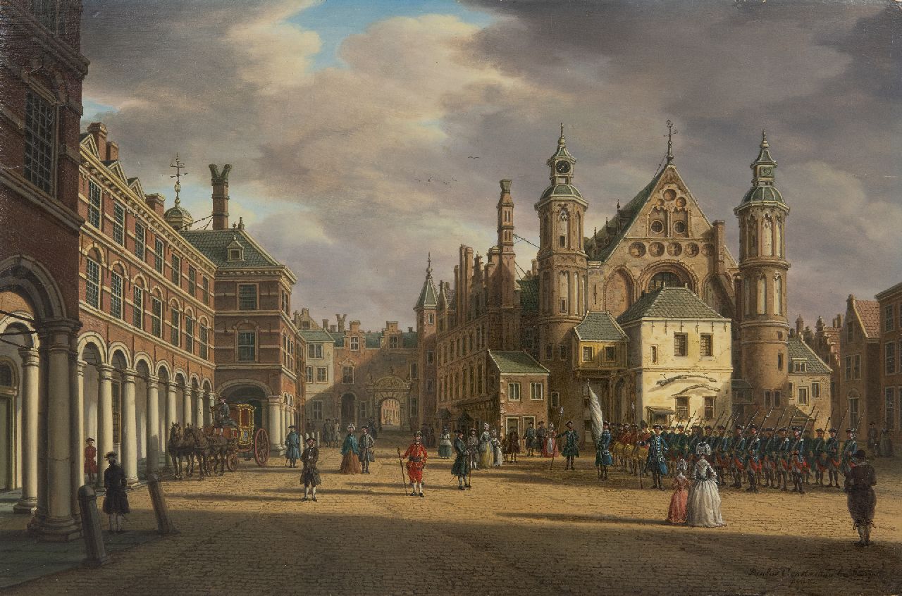 Fargue P.C. la | Paulus Constantijn la Fargue, Gezicht op het Binnenhof en de Ridderzaal, olieverf op paneel 22,7 x 34,8 cm, gesigneerd rechtsonder en te dateren ca. 1770 Fargue P.C. la | Paulus Constantijn la Fargue, Gezicht op het Binnenhof en de Ridderzaal, olieverf op paneel 22,7 x 34,8 cm, gesigneerd rechtsonder en te dateren ca. 1770