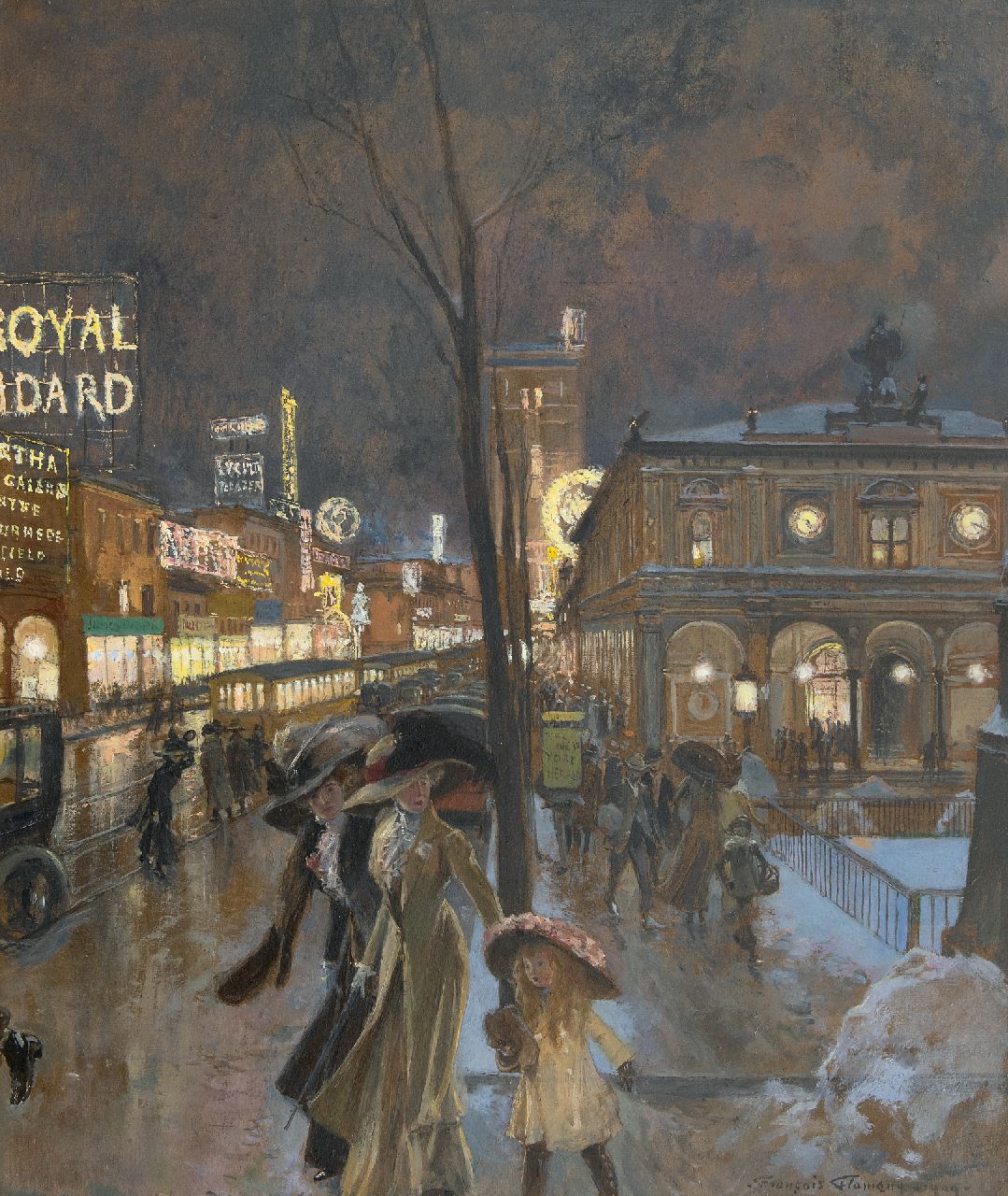 Flameng F.  | François Flameng, Winters uitgaansleven op Herald Square bij het Herald Building, New York, olieverf op board 62,4 x 52,4 cm, gesigneerd rechtsonder en gedateerd 1909