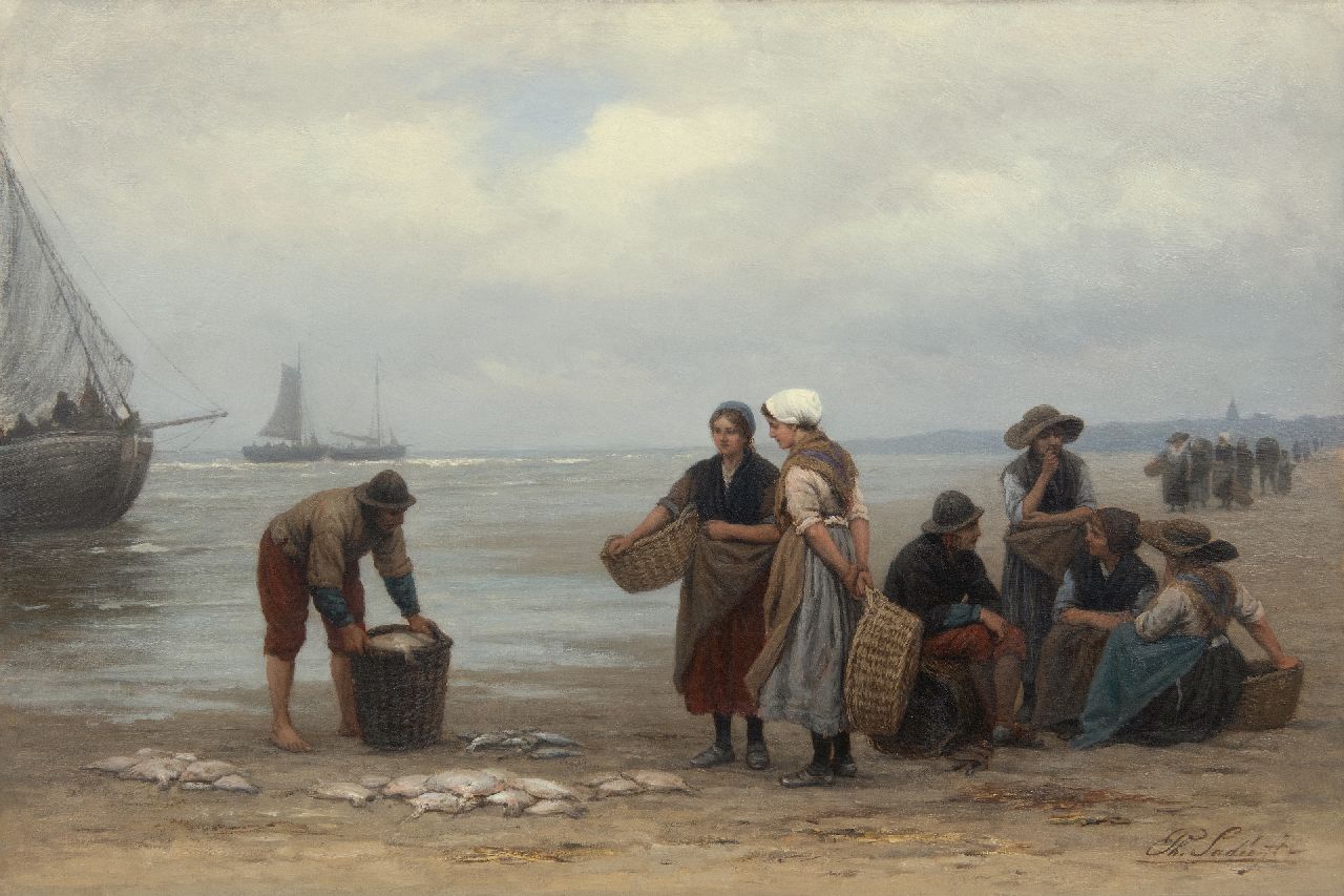 Sadée P.L.J.F. | Philip Lodewijk Jacob Frederik Sadée, Visafslag op het strand van Scheveningen, olieverf op doek 49,9 x 75,0 cm, gesigneerd rechtsonder Sadée P.L.J.F. | Philip Lodewijk Jacob Frederik Sadée, Visafslag op het strand van Scheveningen, olieverf op doek 49,9 x 75,0 cm, gesigneerd rechtsonder
