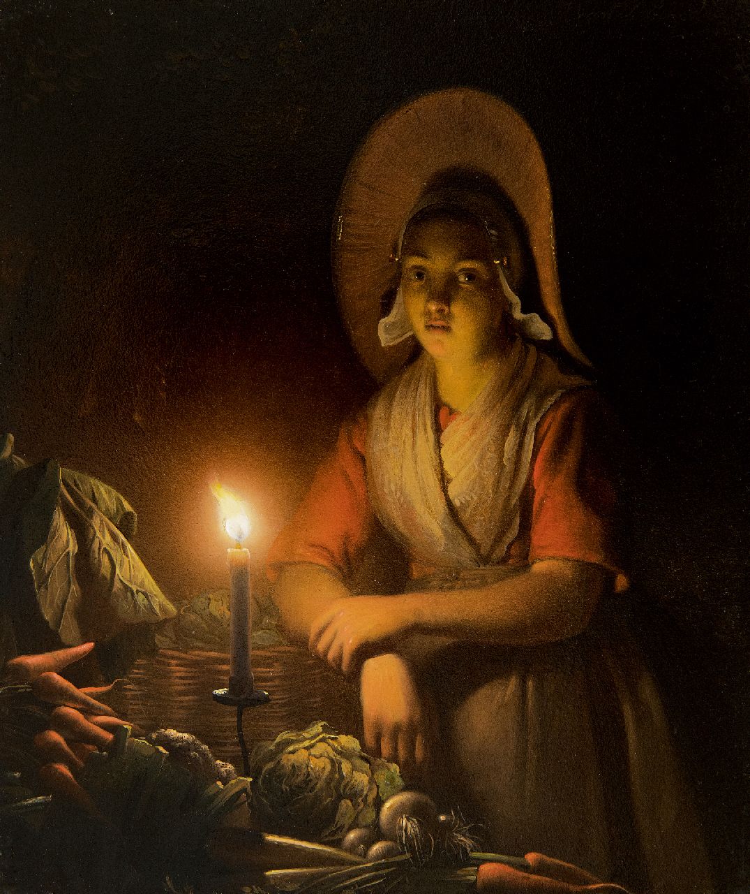 Schendel P. van | Petrus van Schendel, Scheveningse groenteverkoopster bij kaarslicht, olieverf op paneel 19,4 x 16,5 cm, gesigneerd rechtsboven en verso en r.b. en verso gedateerd 1842 Schendel P. van | Petrus van Schendel, Scheveningse groenteverkoopster bij kaarslicht, olieverf op paneel 19,4 x 16,5 cm, gesigneerd rechtsboven en verso en r.b. en verso gedateerd 1842