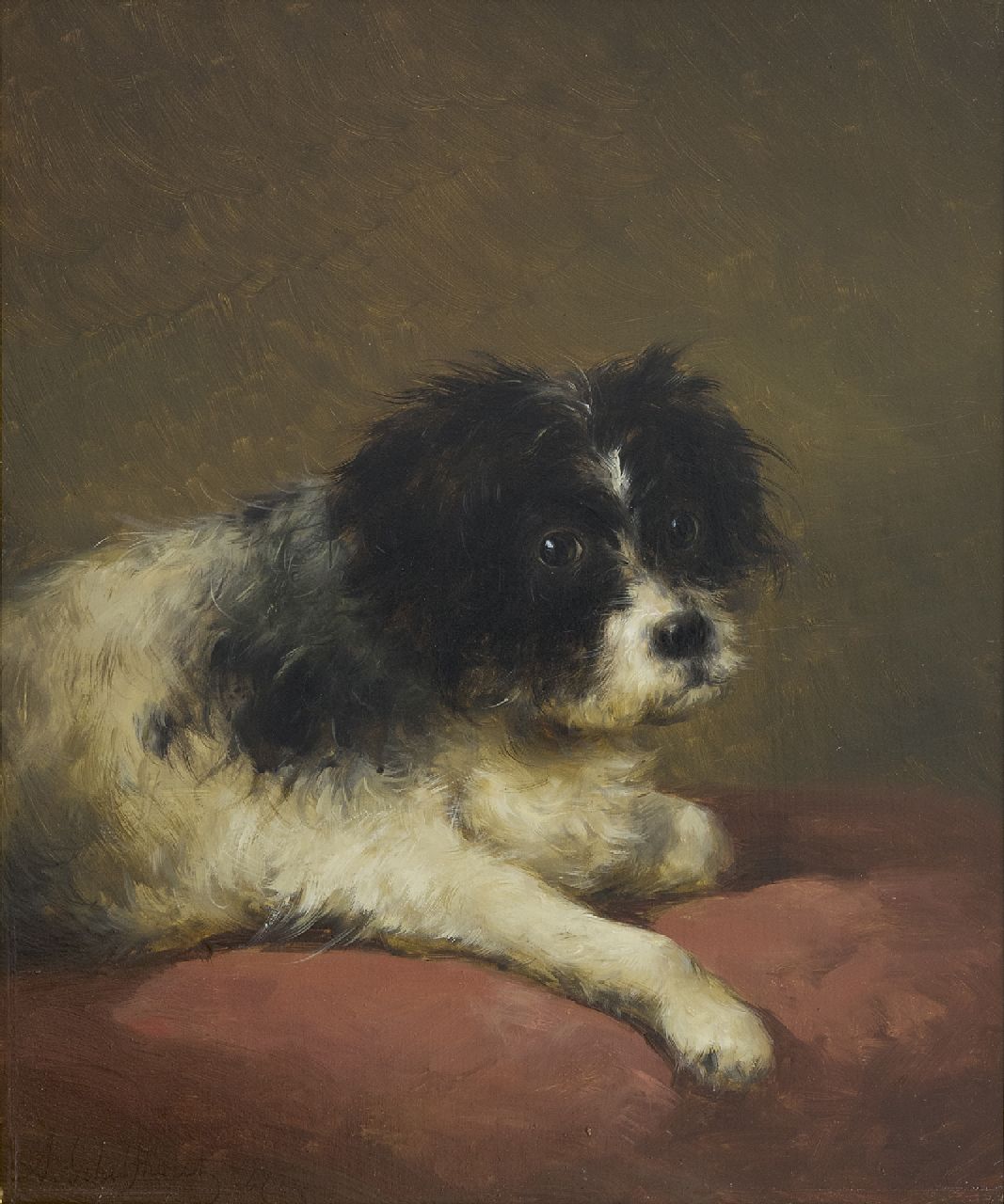Schelfhout A. | Andreas Schelfhout, Portret van een hondje liggend op een rood kussen, olieverf op paneel 32,1 x 27,3 cm, gesigneerd linksonder en gedateerd '47 Schelfhout A. | Andreas Schelfhout, Portret van een hondje liggend op een rood kussen, olieverf op paneel 32,1 x 27,3 cm, gesigneerd linksonder en gedateerd '47