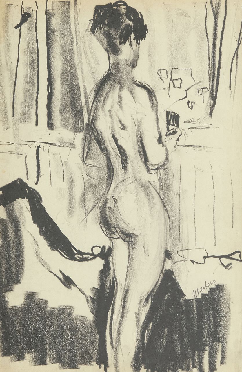 Martens G.G. | Gijsbert 'George' Martens, Naakt, op de rug gezien, in atelier, zwart krijt op papier 48,0 x 32,5 cm, gesigneerd rechts van het midden en te dateren ca. 1931 Martens G.G. | Gijsbert 'George' Martens, Naakt, op de rug gezien, in atelier, zwart krijt op papier 48,0 x 32,5 cm, gesigneerd rechts van het midden en te dateren ca. 1931