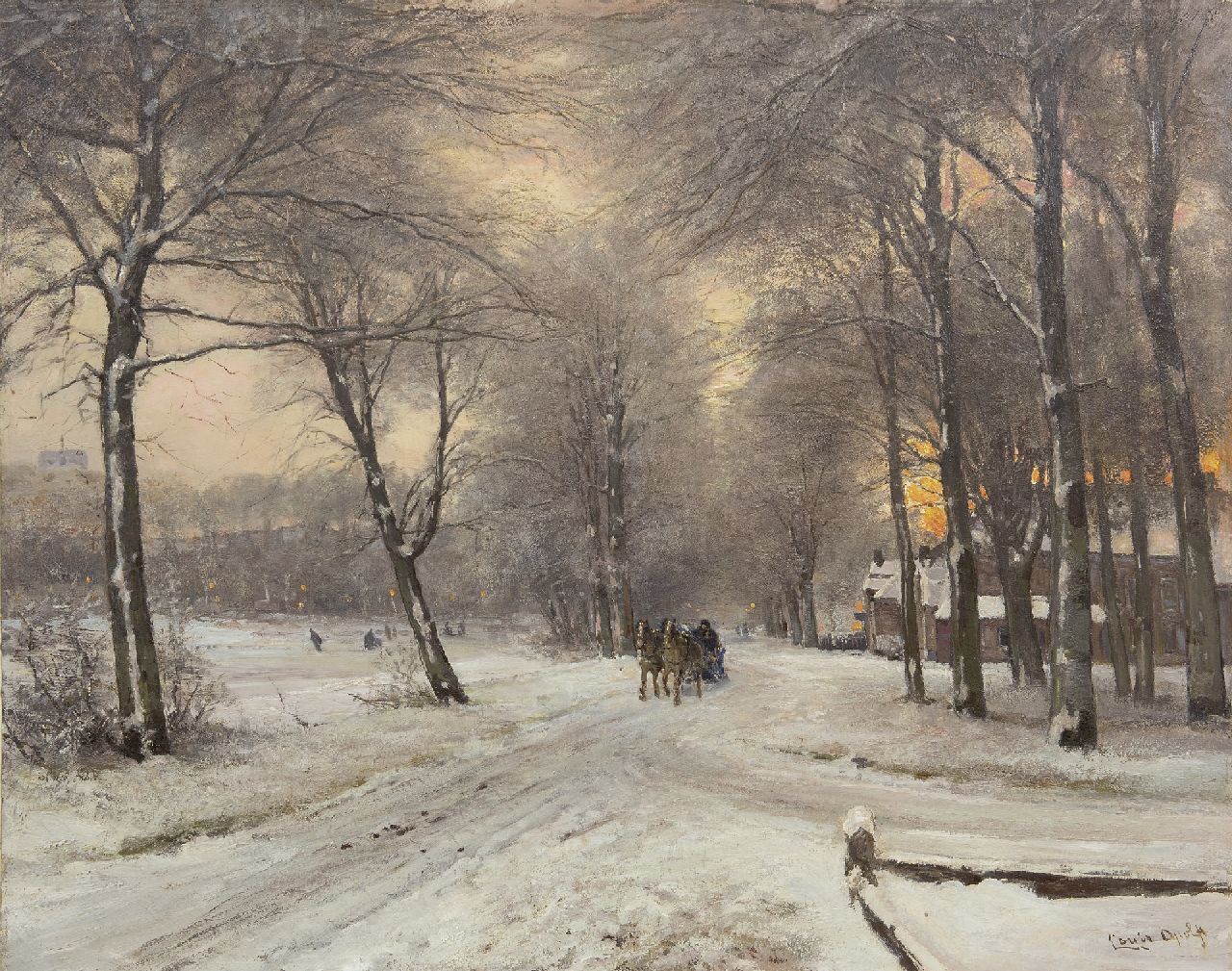 Apol L.F.H.  | Lodewijk Franciscus Hendrik 'Louis' Apol, Bosgezicht met arrenslee en schaatsers op verlichte ijsbaan, olieverf op doek 64,0 x 80,2 cm, gesigneerd rechtsonder