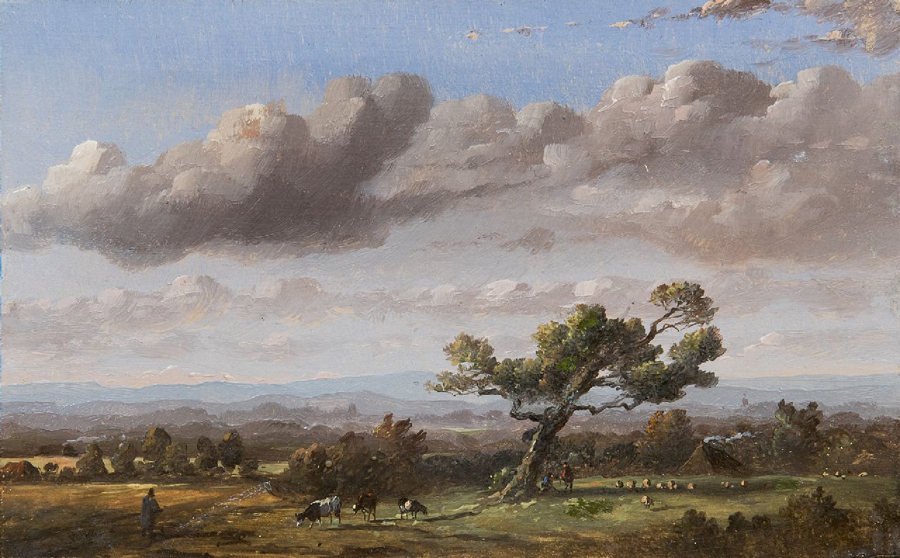 Tavenraat J. | Johannes Tavenraat, Heuvellandschap met grote boom, olieverf op paneel 10,9 x 17,4 cm, gesigneerd linksonder en gedateerd 1848 Tavenraat J. | Johannes Tavenraat, Heuvellandschap met grote boom, olieverf op paneel 10,9 x 17,4 cm, gesigneerd linksonder en gedateerd 1848