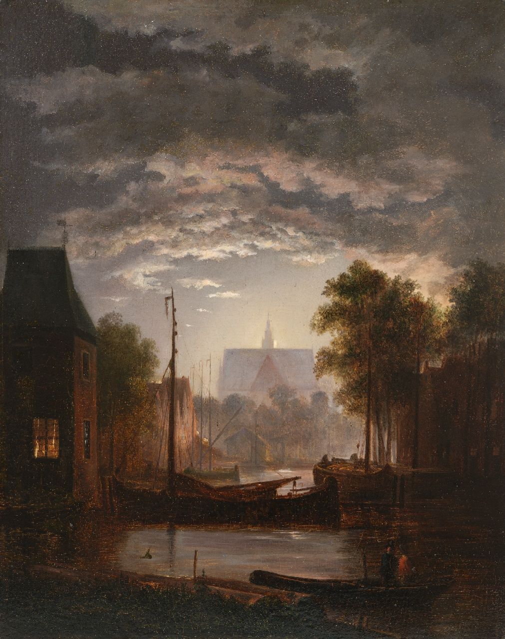Abels J.Th.  | 'Jacobus' Theodorus Abels, Stadshaventje bij maanlicht, olieverf op paneel 29,7 x 23,6 cm