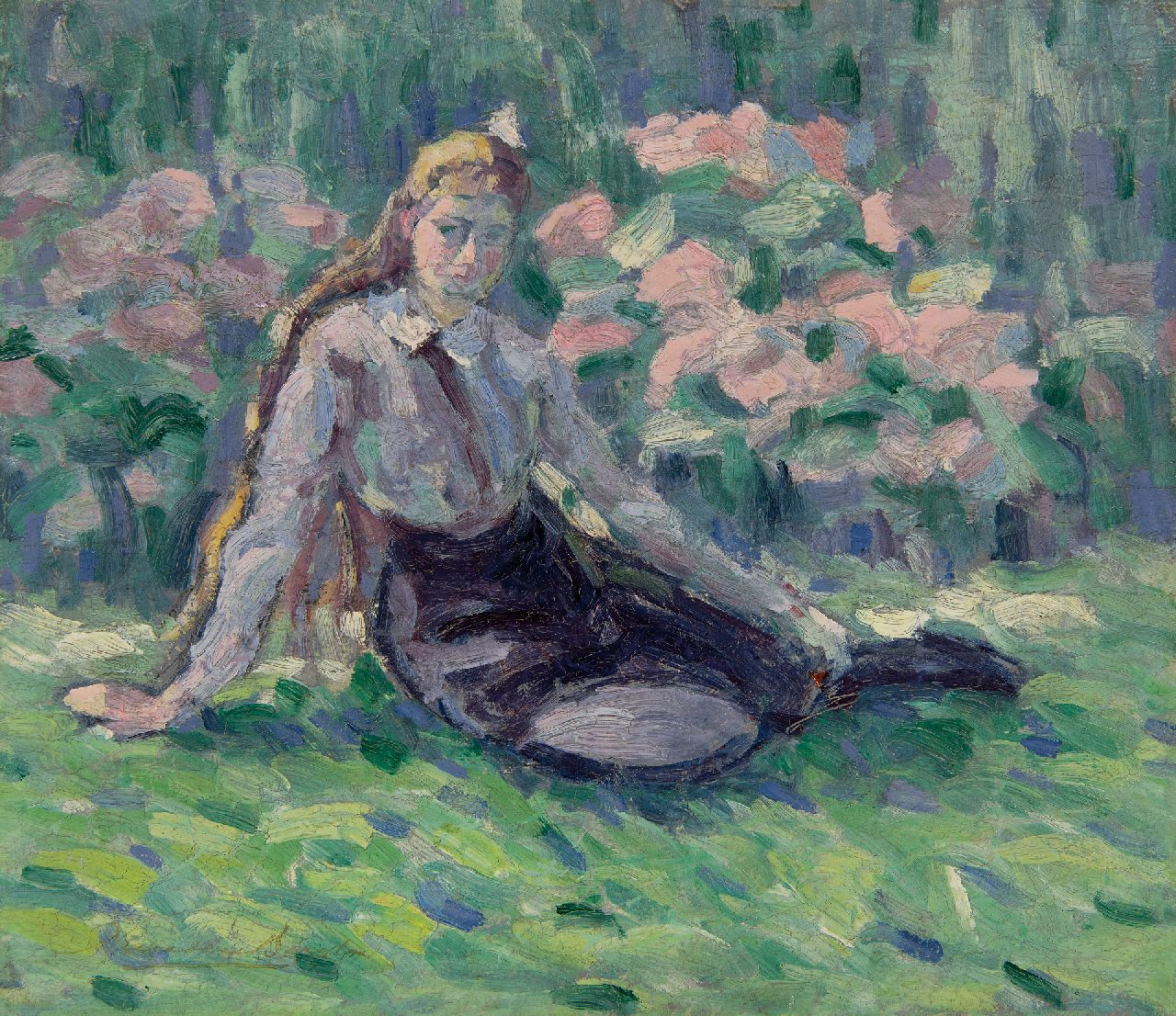 Belgische School, 2e helft 19e eeuw | Jong meisje in de tuin, olieverf op paneel, 24,4 x 27,4 cm, gesigneerd l.o. Belgische School, 2e helft 19e eeuw | Jong meisje in de tuin, olieverf op paneel, 24,4 x 27,4 cm, gesigneerd l.o.