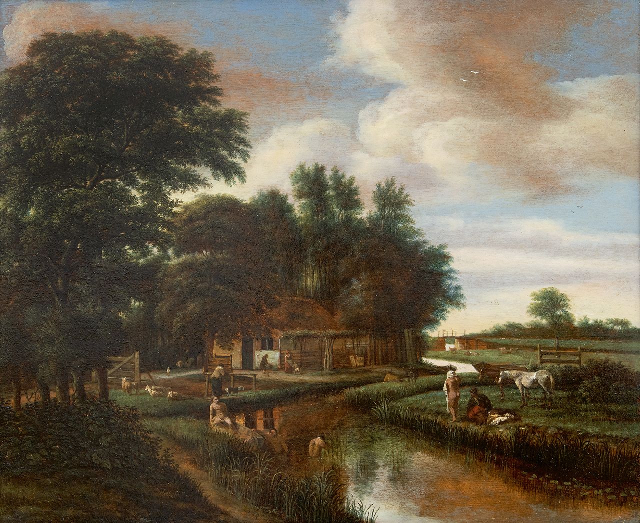 Asch P.J. van | 'Pieter' Jansz. van Asch, Naakte baders in een riviertje nabij een boerderij, olieverf op paneel 42,0 x 51,5 cm, gesigneerd linksonder met monogram Asch P.J. van | 'Pieter' Jansz. van Asch, Naakte baders in een riviertje nabij een boerderij, olieverf op paneel 42,0 x 51,5 cm, gesigneerd linksonder met monogram