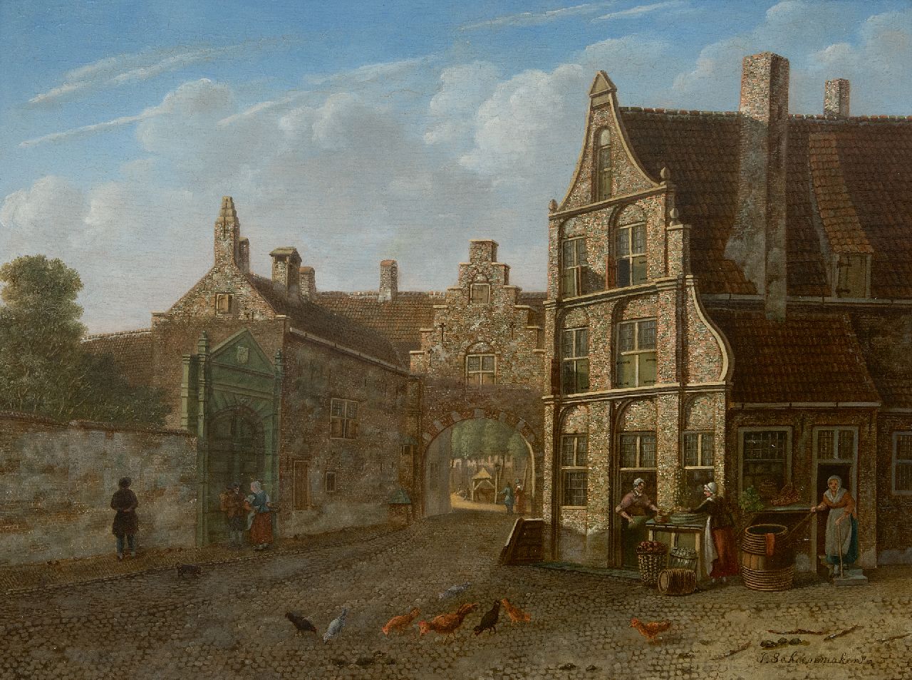 Schoenmaker Pzn J.  | Johannes Schoenmaker Pzn | Schilderijen te koop aangeboden | Stadgezicht met poort en groenteverkopers, olieverf op paneel 31,9 x 42,8 cm, gesigneerd rechtsonder
