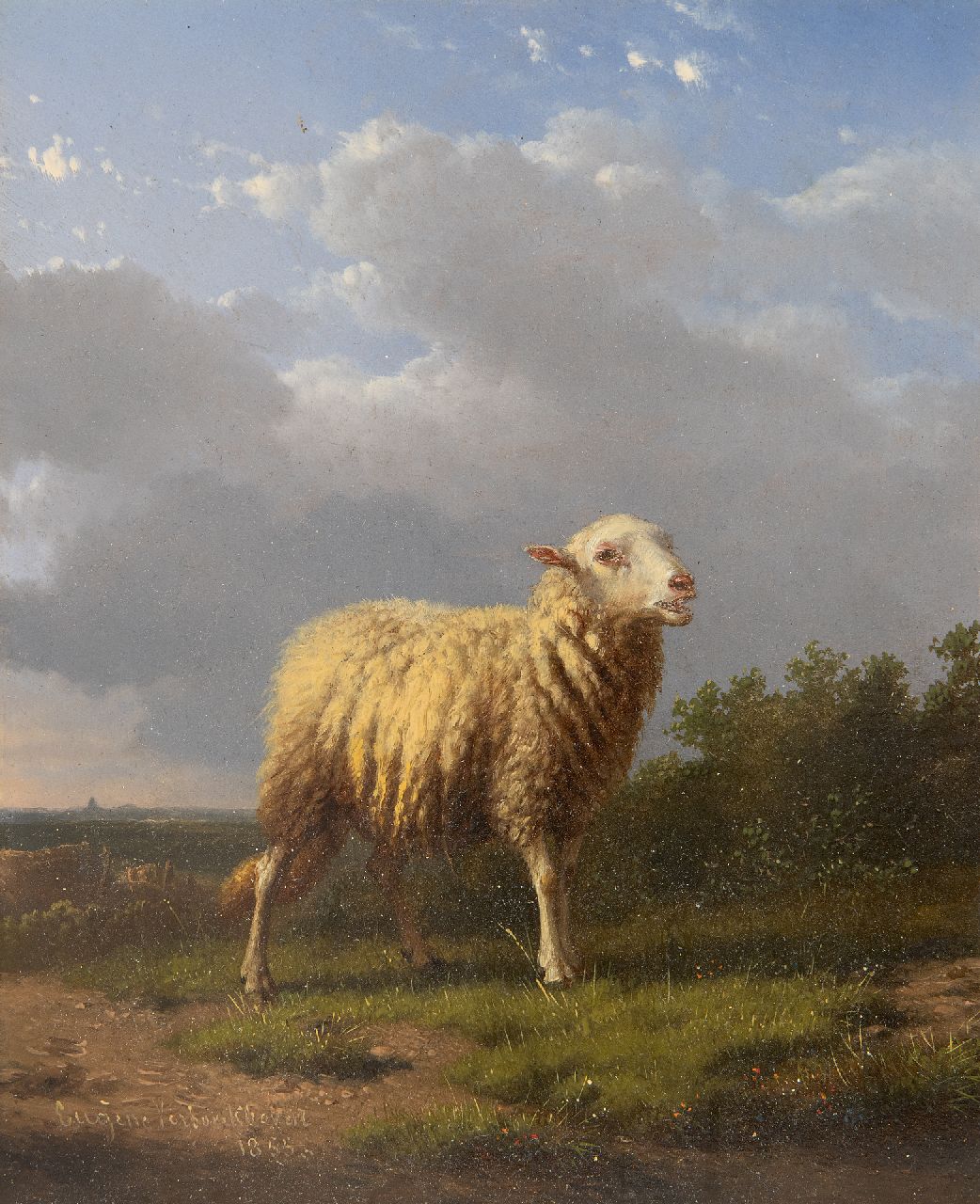 Verboeckhoven E.J. | Eugène Joseph Verboeckhoven, Schaap in een landschap, olieverf op paneel 17,6 x 14,4 cm, gesigneerd linksonder en gedateerd 1855 Verboeckhoven E.J. | Eugène Joseph Verboeckhoven, Schaap in een landschap, olieverf op paneel 17,6 x 14,4 cm, gesigneerd linksonder en gedateerd 1855
