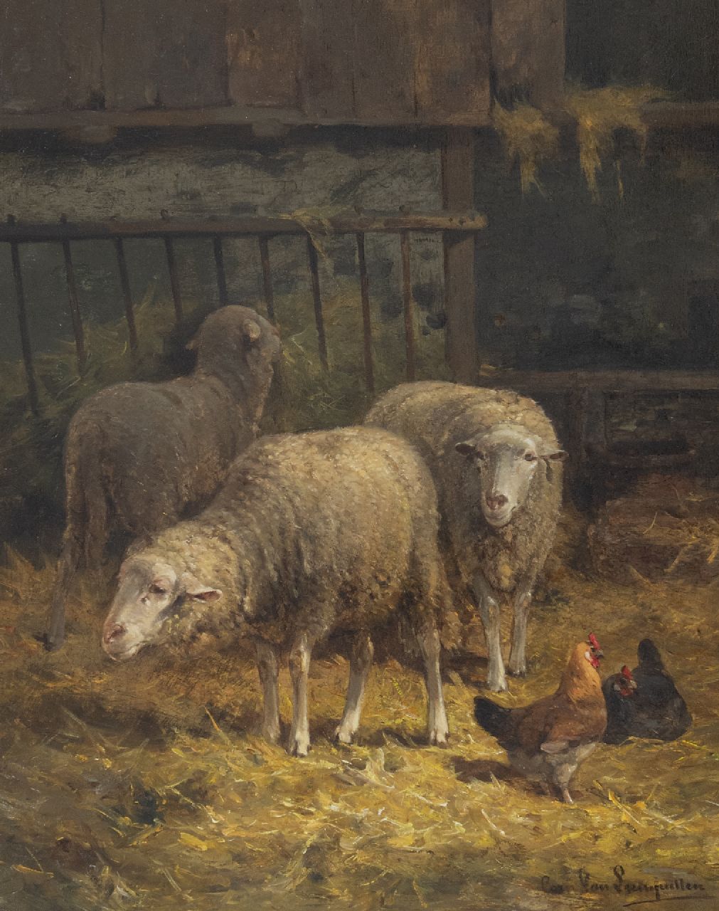 Leemputten C. van | Cornelis van Leemputten, Schapen in de stal, olieverf op paneel 40,0 x 31,7 cm, gesigneerd rechtsonder Leemputten C. van | Cornelis van Leemputten, Schapen in de stal, olieverf op paneel 40,0 x 31,7 cm, gesigneerd rechtsonder