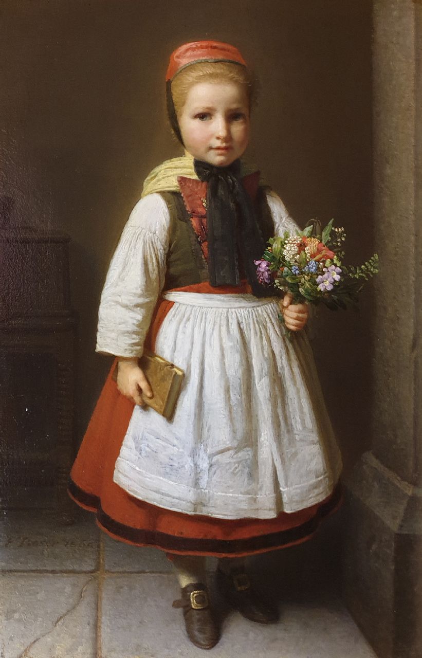 Boser K.F.A. | Karl 'Friedrich' Adolf Boser, Meisje met bloemenboeketje, olieverf op paneel 41,8 x 27,1 cm, gesigneerd linksonder en gedateerd 1862 Boser K.F.A. | Karl 'Friedrich' Adolf Boser, Meisje met bloemenboeketje, olieverf op paneel 41,8 x 27,1 cm, gesigneerd linksonder en gedateerd 1862
