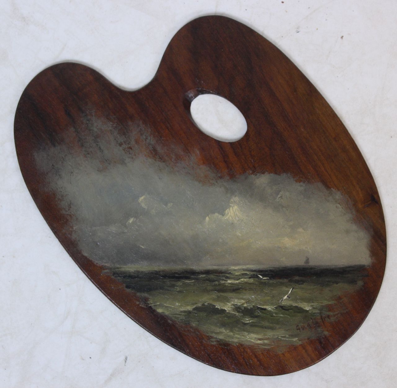 Laan G. van der | Gerard van der Laan, De Noordzee, geschilderd op een schilderspalet, olieverf op paneel 28,2 x 20,8 cm, gesigneerd rechtsonder met initialen Laan G. van der | Gerard van der Laan, De Noordzee, geschilderd op een schilderspalet, olieverf op paneel 28,2 x 20,8 cm, gesigneerd rechtsonder met initialen