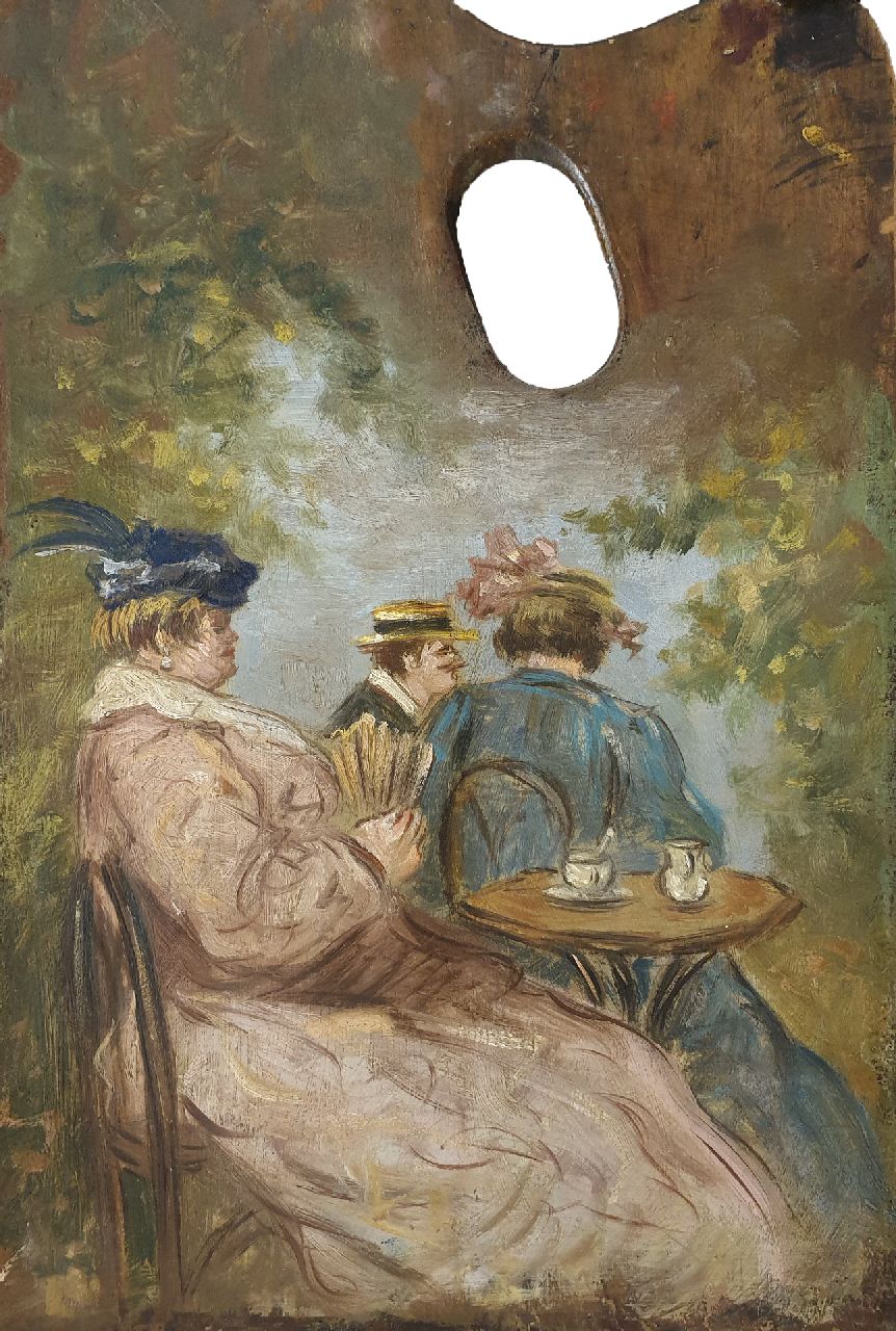 Hollandse School, 19e eeuw | Hollandse School, 19e eeuw | Schilderijen te koop aangeboden | Figuren op een terras, geschilderd op schilderspalet, olieverf op paneel 27,9 x 17,6 cm Hollandse School, 19e eeuw | Hollandse School, 19e eeuw | Schilderijen te koop aangeboden | Figuren op een terras, geschilderd op schilderspalet, olieverf op paneel 27,9 x 17,6 cm