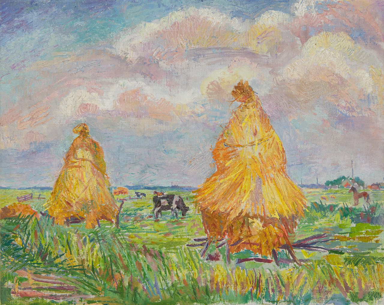 Pijpers E.E. | 'Edith' Elizabeth Pijpers, Hooimijten in het veld, olieverf op doek 36,9 x 45,8 cm Pijpers E.E. | 'Edith' Elizabeth Pijpers, Hooimijten in het veld, olieverf op doek 36,9 x 45,8 cm
