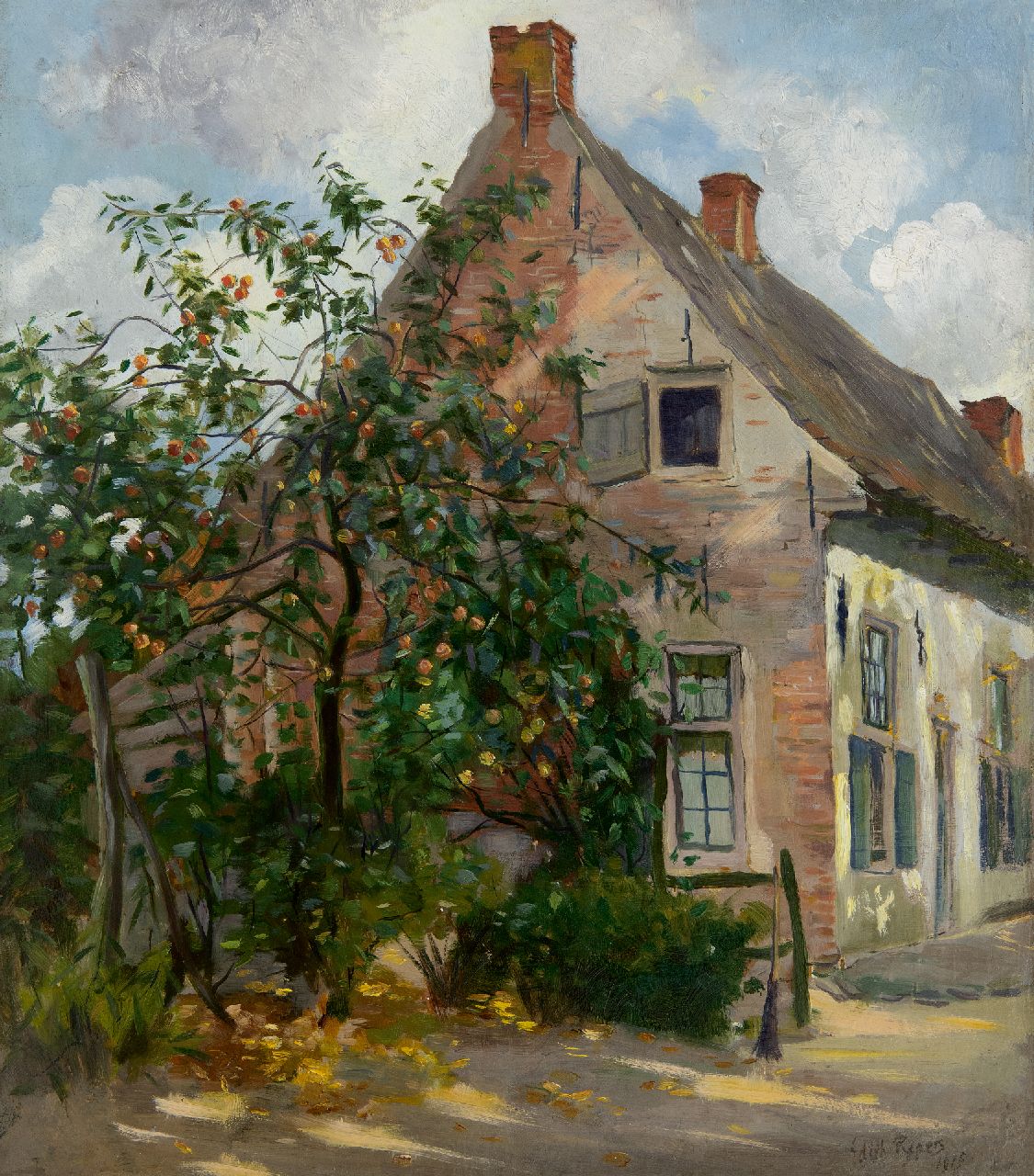 Pijpers E.E. | 'Edith' Elizabeth Pijpers, Huis met appelboom, olieverf op doek 45,2 x 40,4 cm, gesigneerd rechtsonder en gedateerd 1915 Pijpers E.E. | 'Edith' Elizabeth Pijpers, Huis met appelboom, olieverf op doek 45,2 x 40,4 cm, gesigneerd rechtsonder en gedateerd 1915
