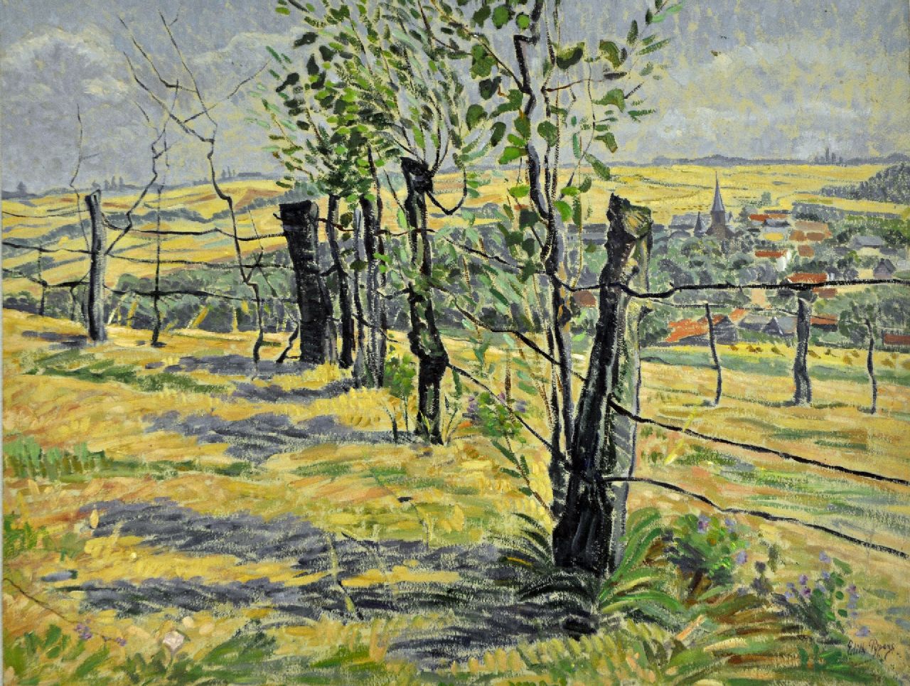 Pijpers E.E. | 'Edith' Elizabeth Pijpers, Heuvellandschap met dorpje in de verte, olieverf op papier 37,1 x 48,5 cm, gesigneerd rechtsonder Pijpers E.E. | 'Edith' Elizabeth Pijpers, Heuvellandschap met dorpje in de verte, olieverf op papier 37,1 x 48,5 cm, gesigneerd rechtsonder