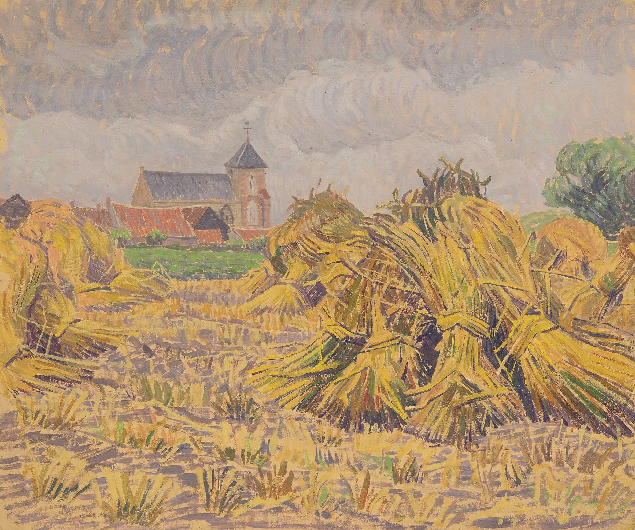 Pijpers E.E. | 'Edith' Elizabeth Pijpers | Schilderijen te koop aangeboden | Dorpskerkje tussen veld met korenschoven, olieverf op papier 38,1 x 48,5 cm Pijpers E.E. | 'Edith' Elizabeth Pijpers | Schilderijen te koop aangeboden | Dorpskerkje tussen veld met korenschoven, olieverf op papier 38,1 x 48,5 cm