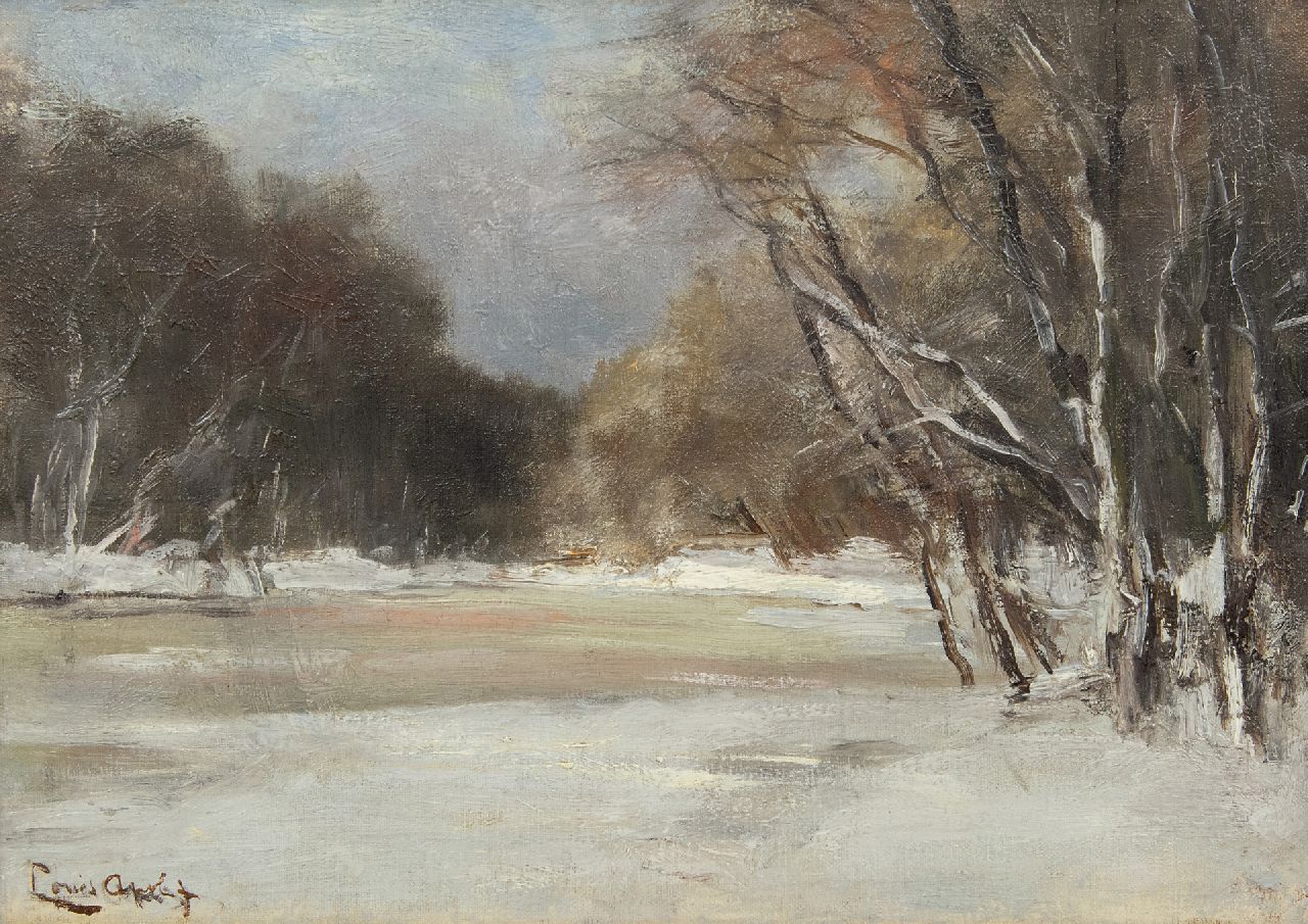 Apol L.F.H.  | Lodewijk Franciscus Hendrik 'Louis' Apol, Besneeuwde bosvijver, olieverf op doek op paneel 25,6 x 35,8 cm, gesigneerd linksonder